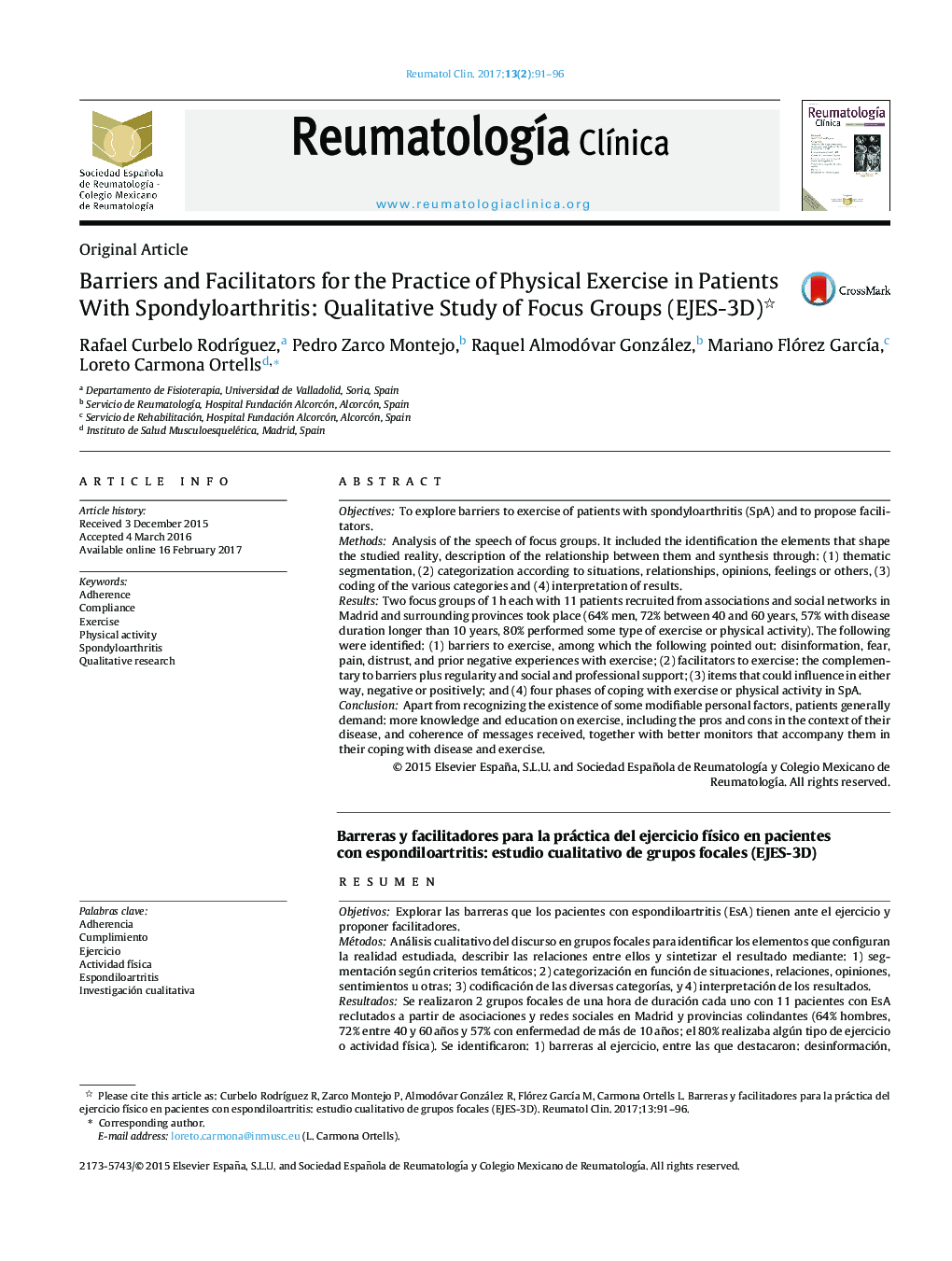 Barriers and Facilitators for the Practice of Physical Exercise in Patients With Spondyloarthritis: Qualitative Study of Focus Groups (EJES-3D)