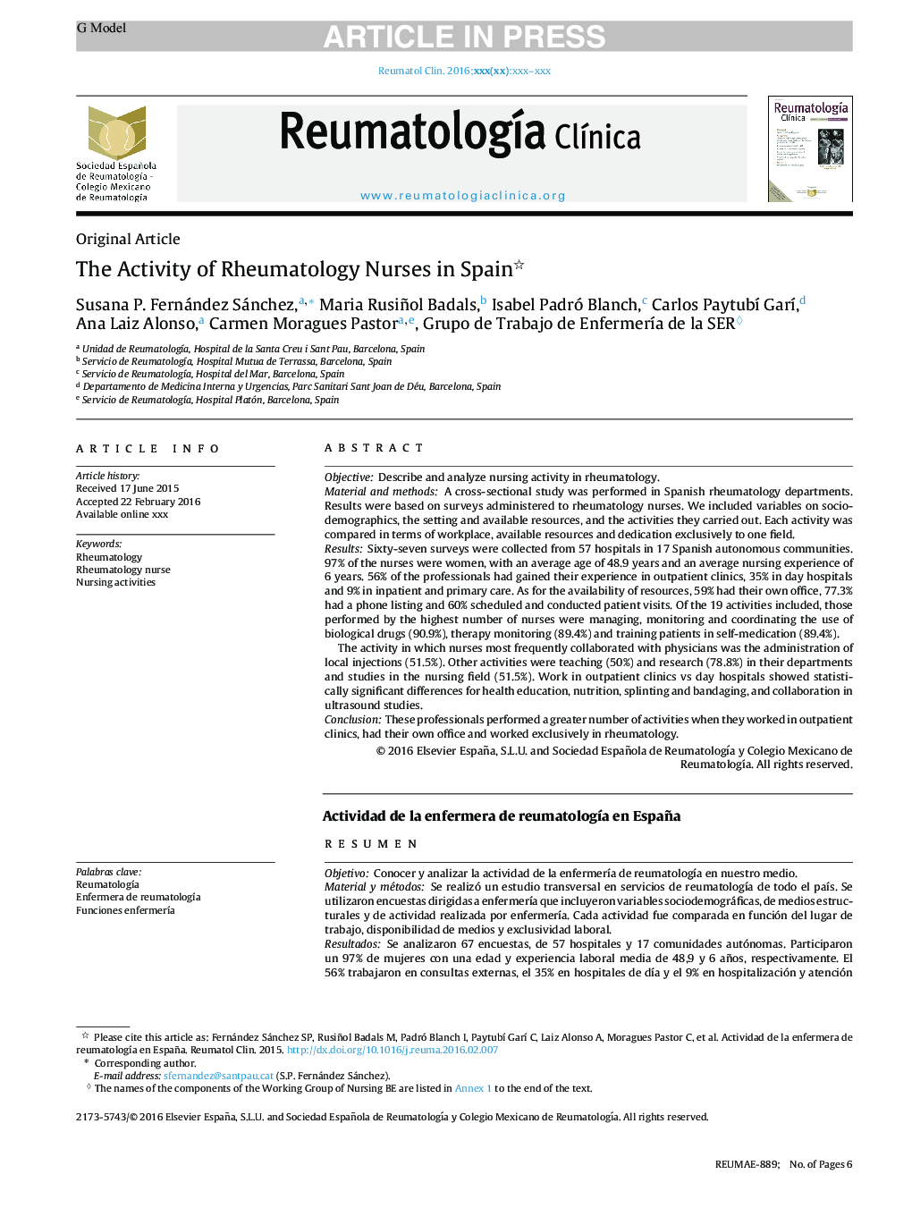 The Activity of Rheumatology Nurses in Spain