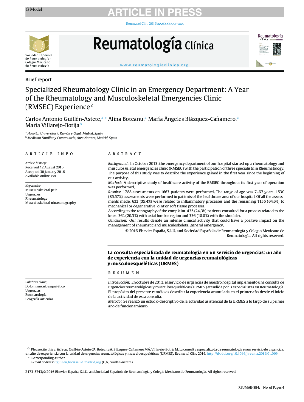 Specialized Rheumatology Clinic in an Emergency Department: A Year of the Rheumatology and Musculoskeletal Emergencies Clinic (RMSEC) Experience