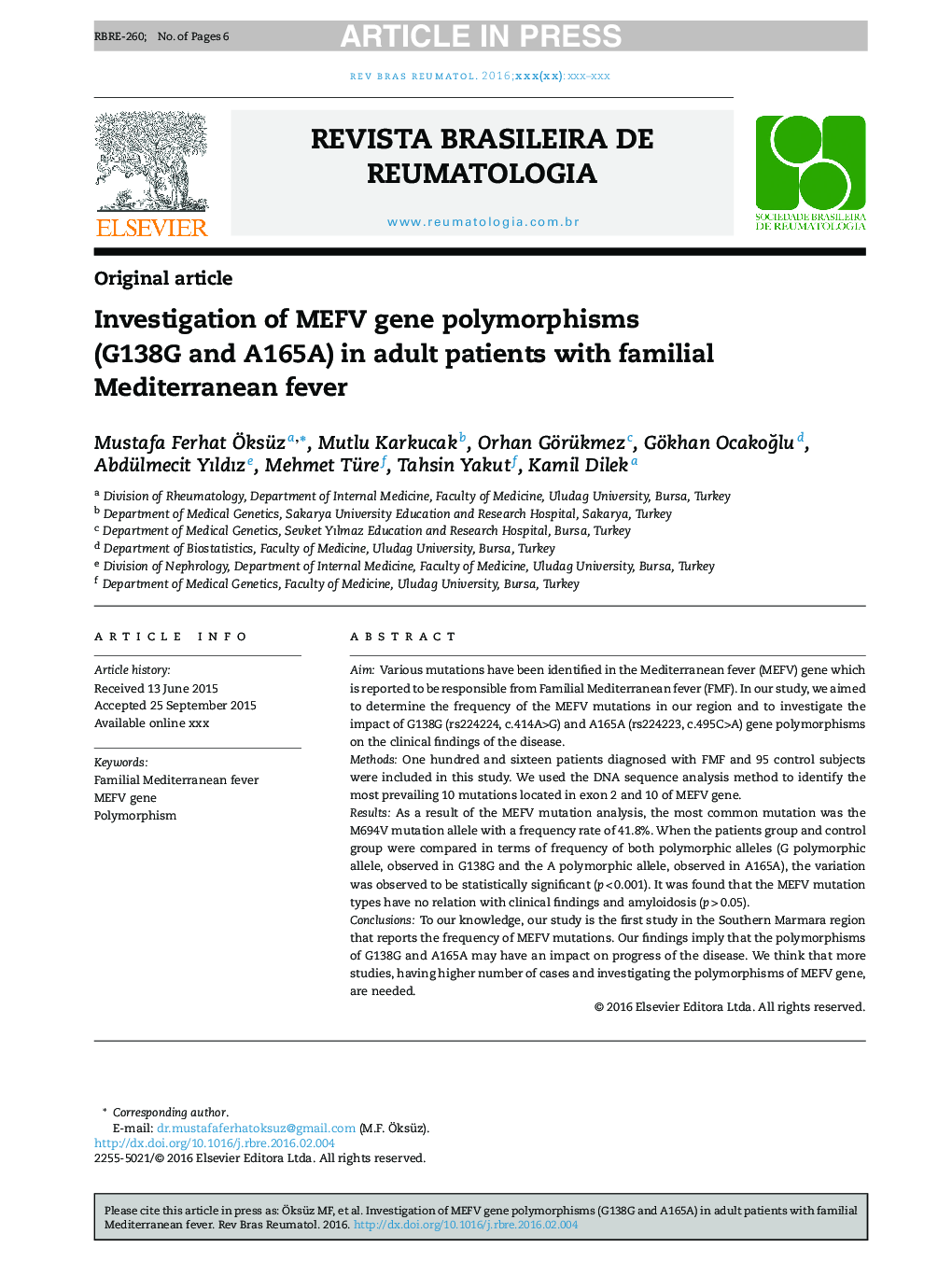 Investigation of MEFV gene polymorphisms (G138G and A165A) in adult patients with familial Mediterranean fever