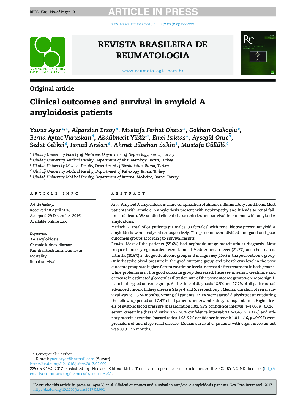 Clinical outcomes and survival in AA amyloidosis patients