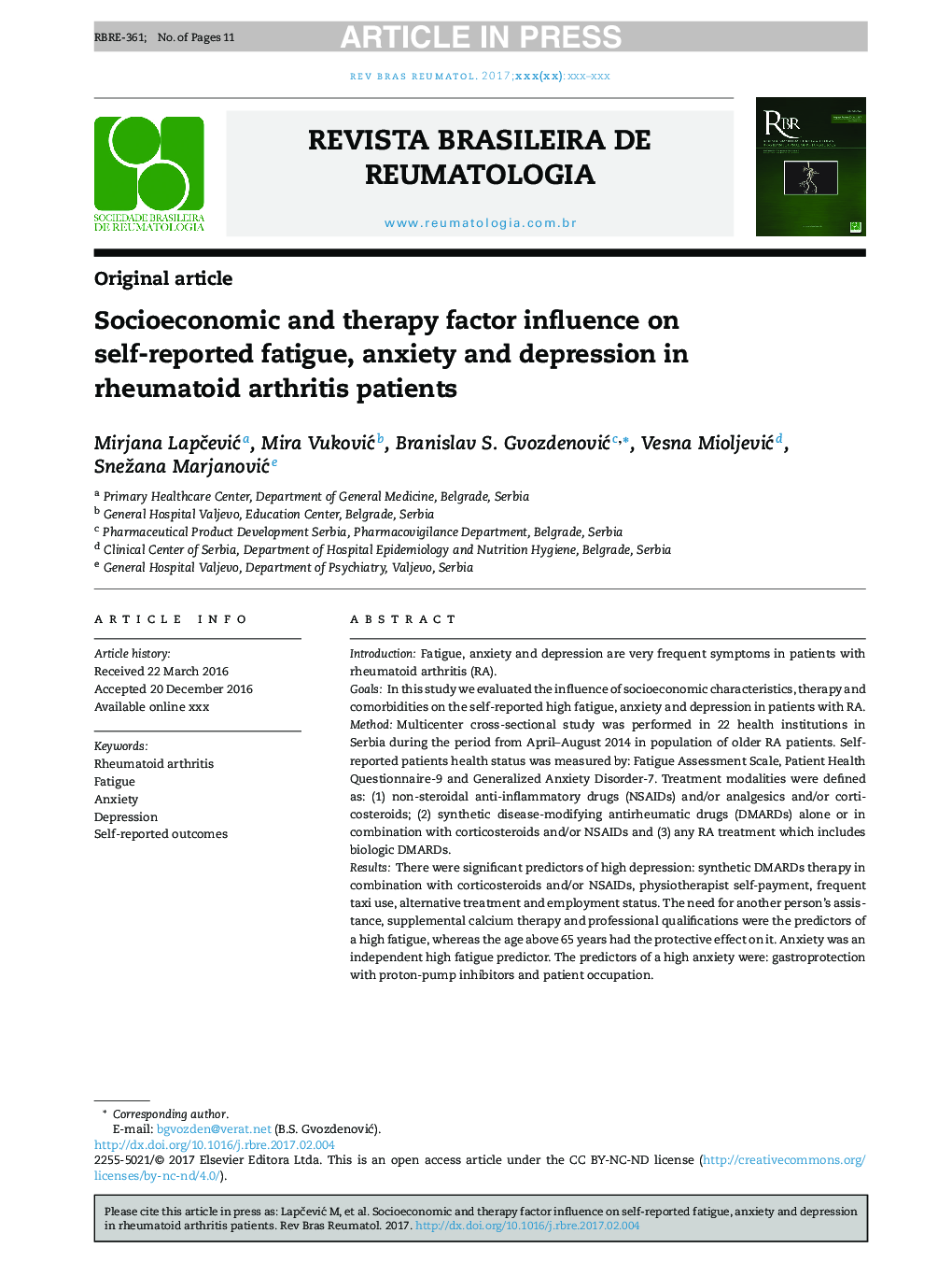 Socioeconomic and therapy factor influence on self-reported fatigue, anxiety and depression in rheumatoid arthritis patients