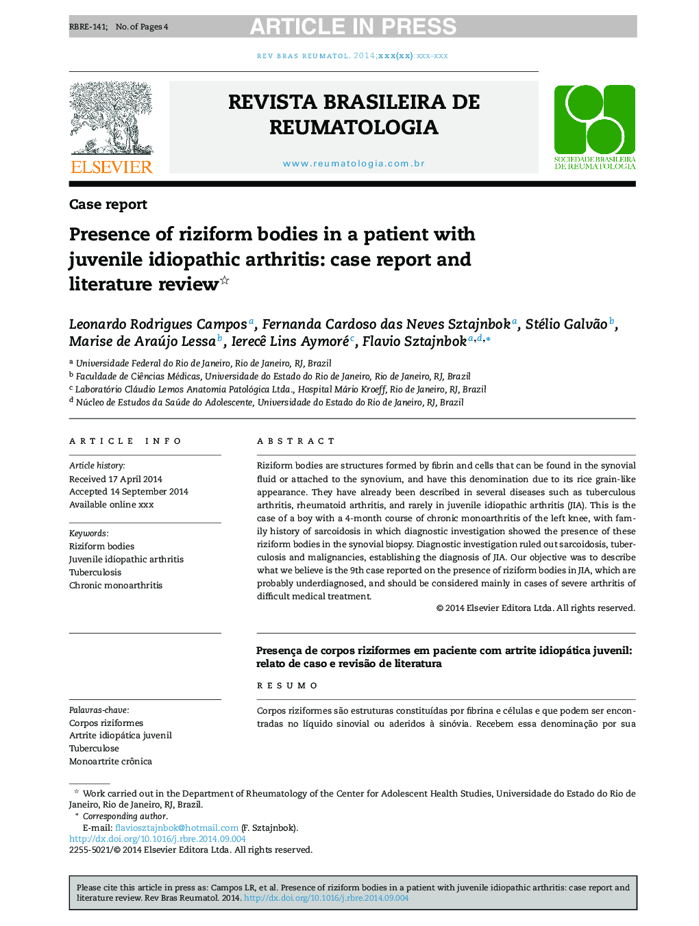 Presence of riziform bodies in a patient with juvenile idiopathic arthritis: case report and literature review