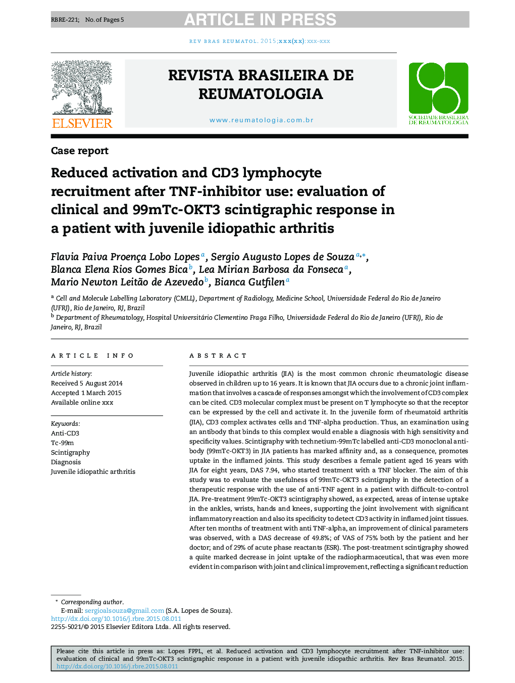 Reduced activation and CD3 lymphocyte recruitment after TNF-inhibitor use: evaluation of clinical and 99mTc-OKT3 scintigraphic response in a patient with juvenile idiopathic arthritis