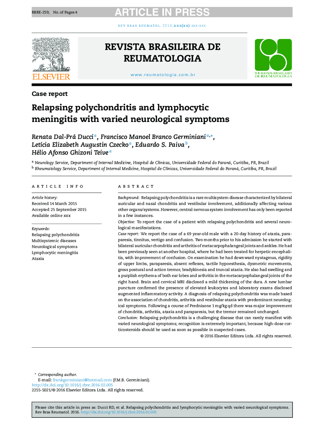 Relapsing polychondritis and lymphocytic meningitis with varied neurological symptoms