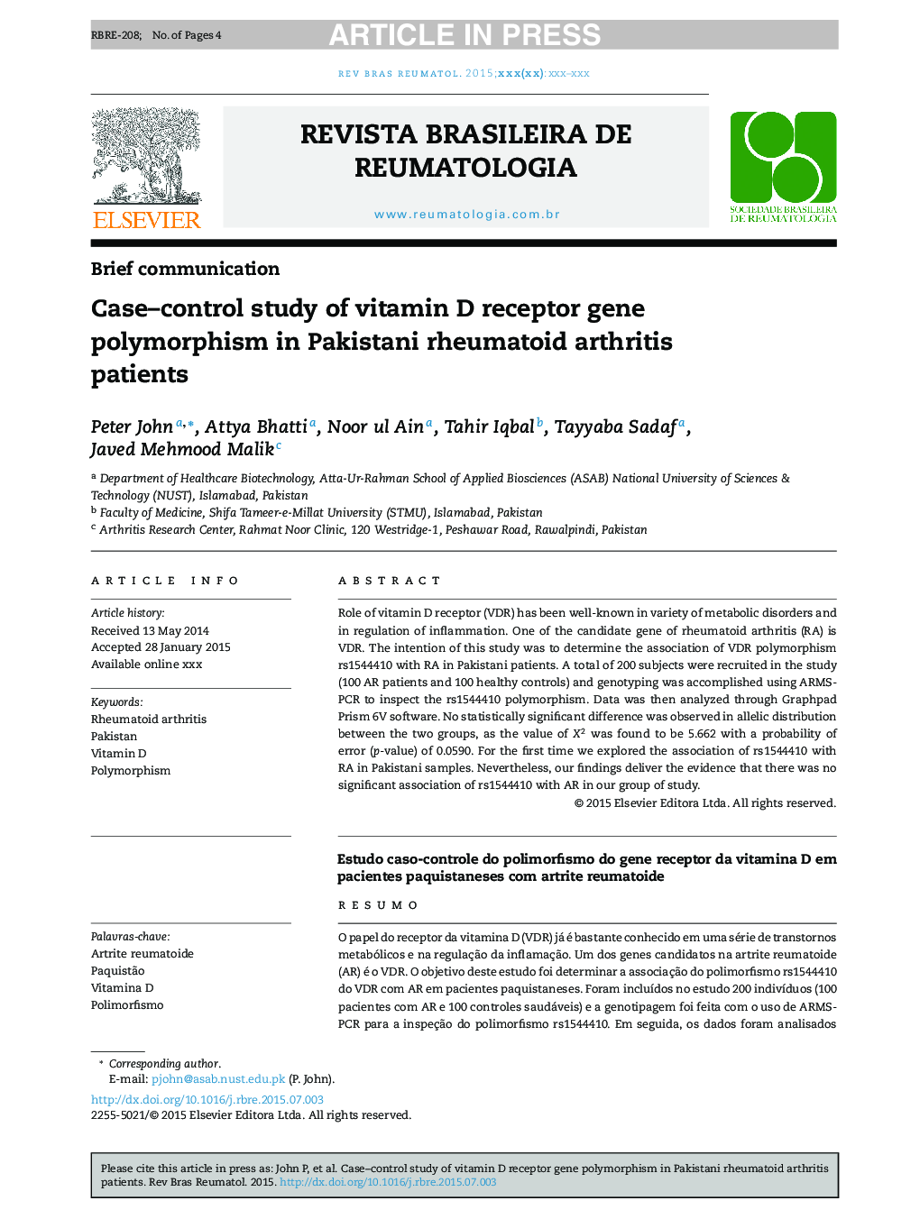 Case-control study of vitamin D receptor gene polymorphism in Pakistani rheumatoid arthritis patients