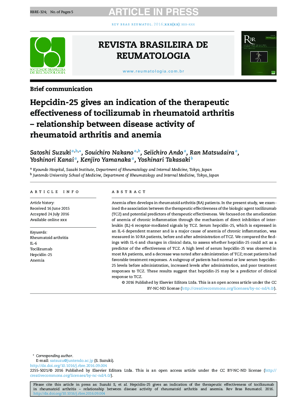 Hepcidin-25 gives an indication of the therapeutic effectiveness of tocilizumab in rheumatoid arthritis - Relationship between disease activity of rheumatoid arthritis and anemia