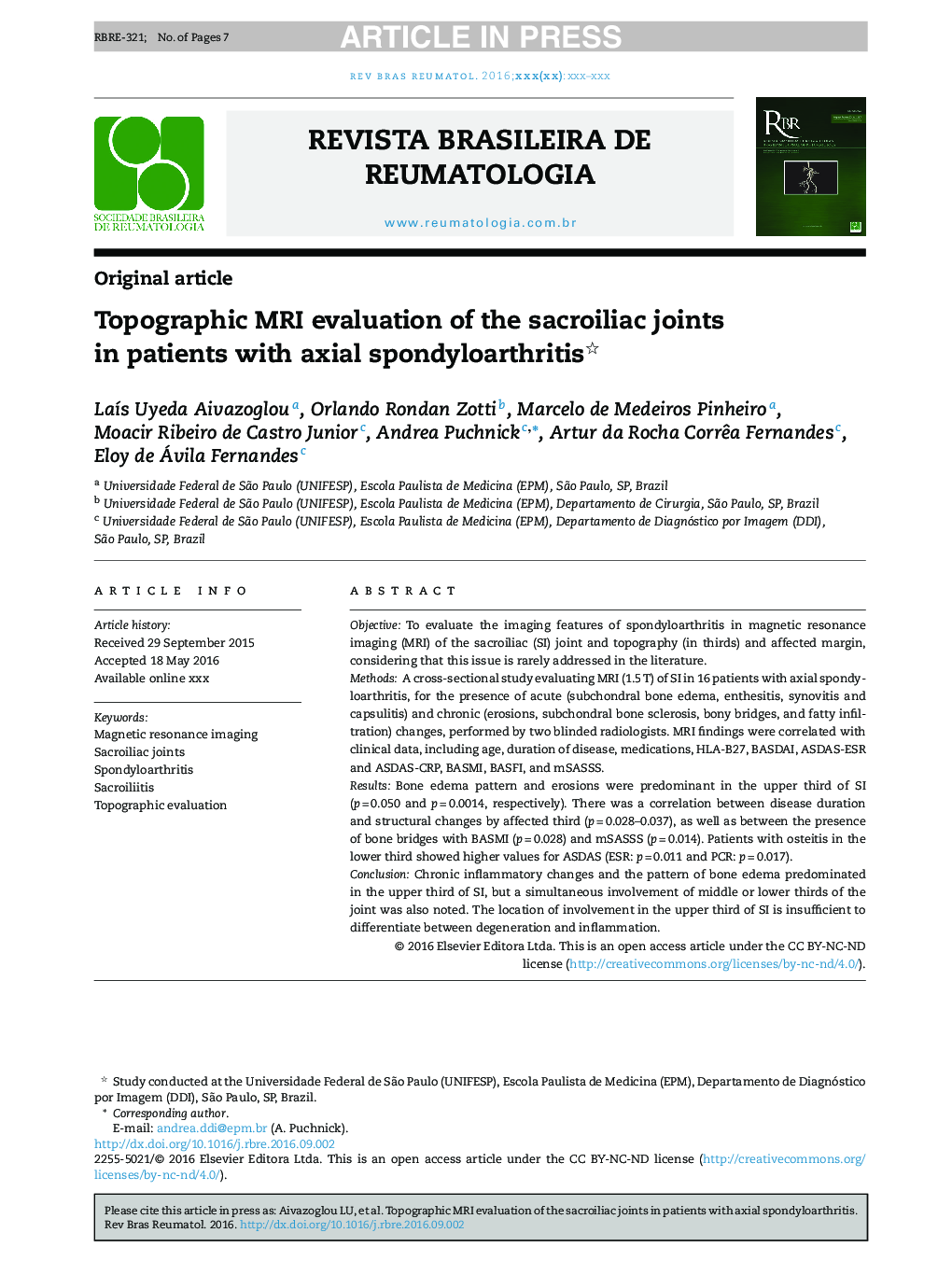 Topographic MRI evaluation of the sacroiliac joints in patients with axial spondyloarthritis