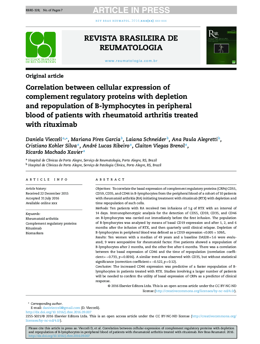 Correlation between cellular expression of complement regulatory proteins with depletion and repopulation of B-lymphocytes in peripheral blood of patients with rheumatoid arthritis treated with rituximab