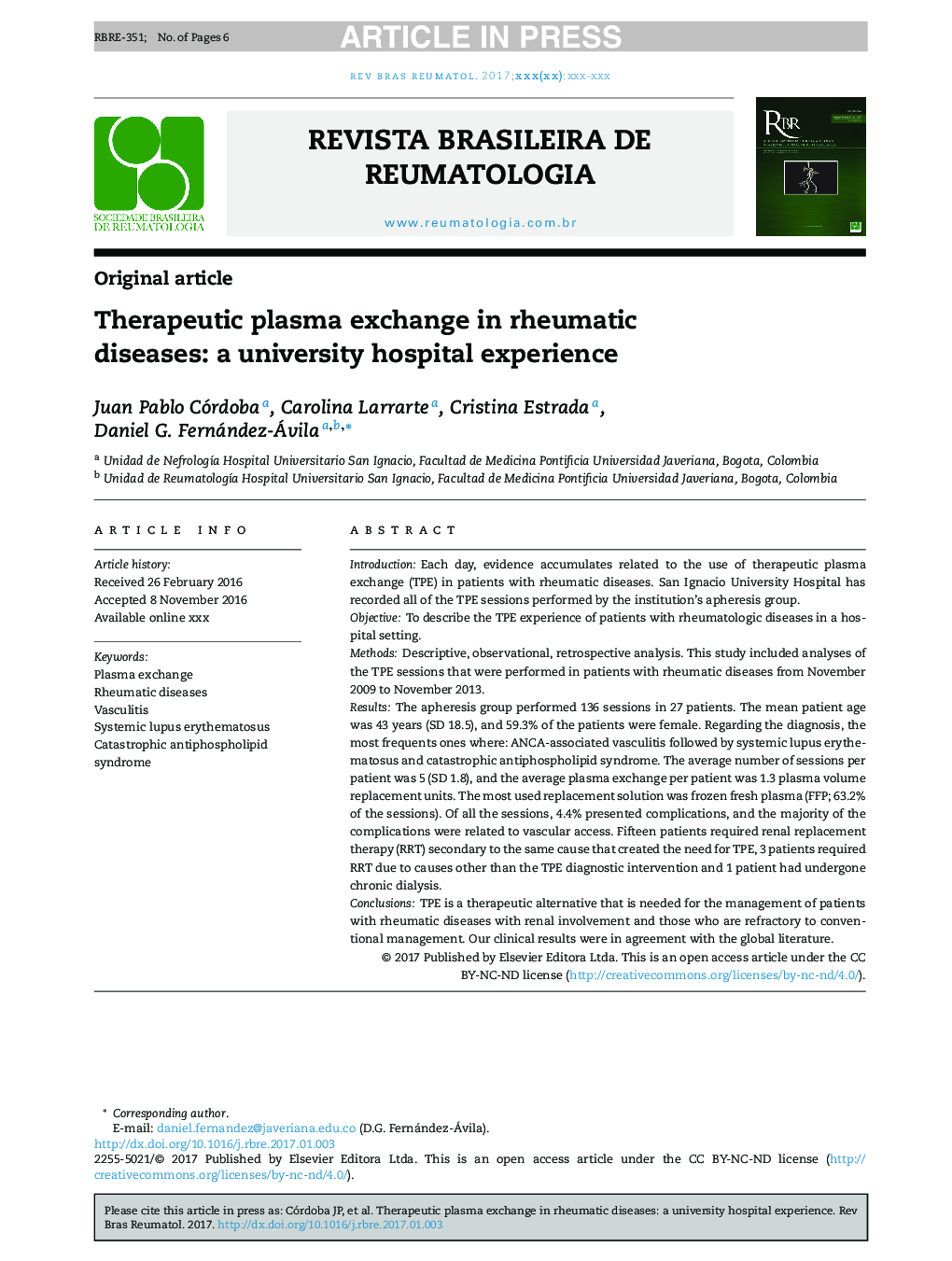 Therapeutic plasma exchange in rheumatic diseases: a university hospital experience