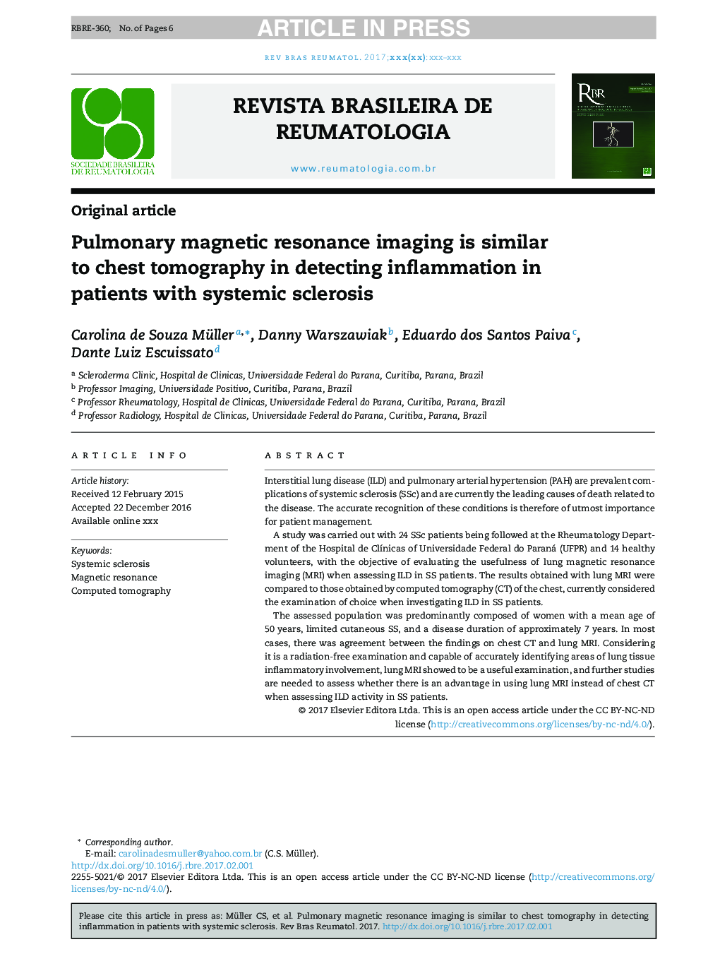 Pulmonary magnetic resonance imaging is similar to chest tomography in detecting inflammation in patients with systemic sclerosis