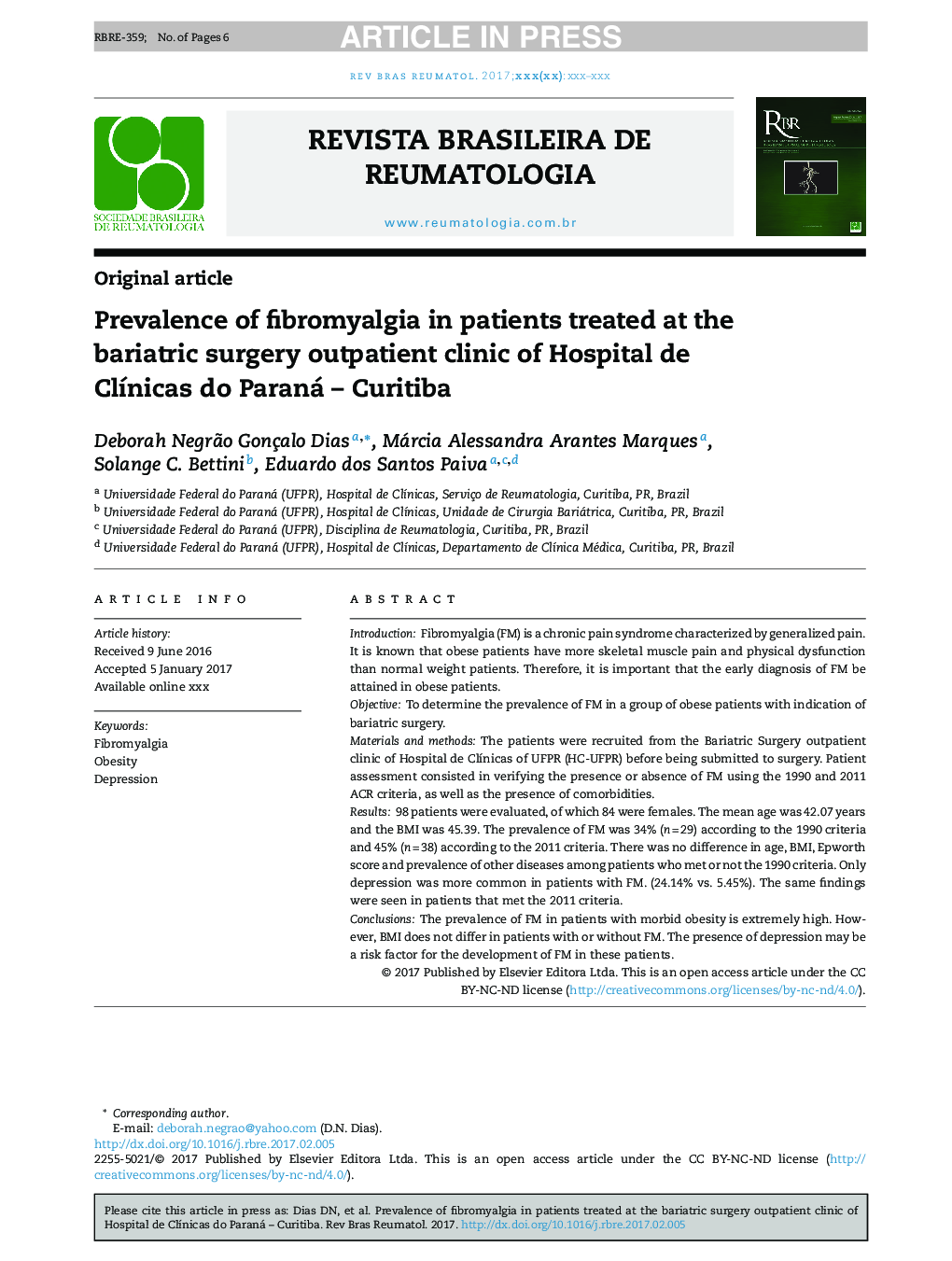 Prevalence of fibromyalgia in patients treated at the bariatric surgery outpatient clinic of Hospital de ClÃ­nicas do Paraná - Curitiba