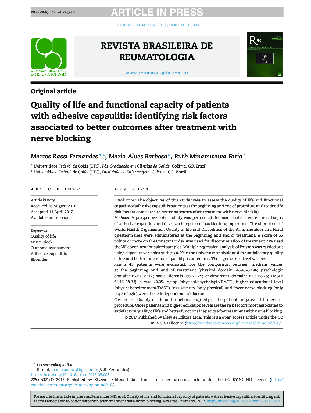 Quality of life and functional capacity of patients with adhesive capsulitis: identifying risk factors associated to better outcomes after treatment with nerve blocking