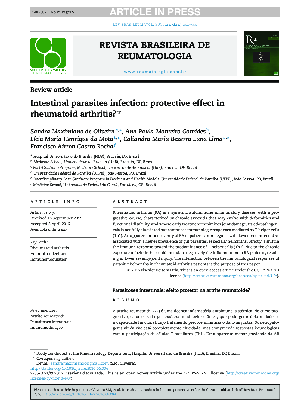 Intestinal parasites infection: protective effect in rheumatoid arthritis?