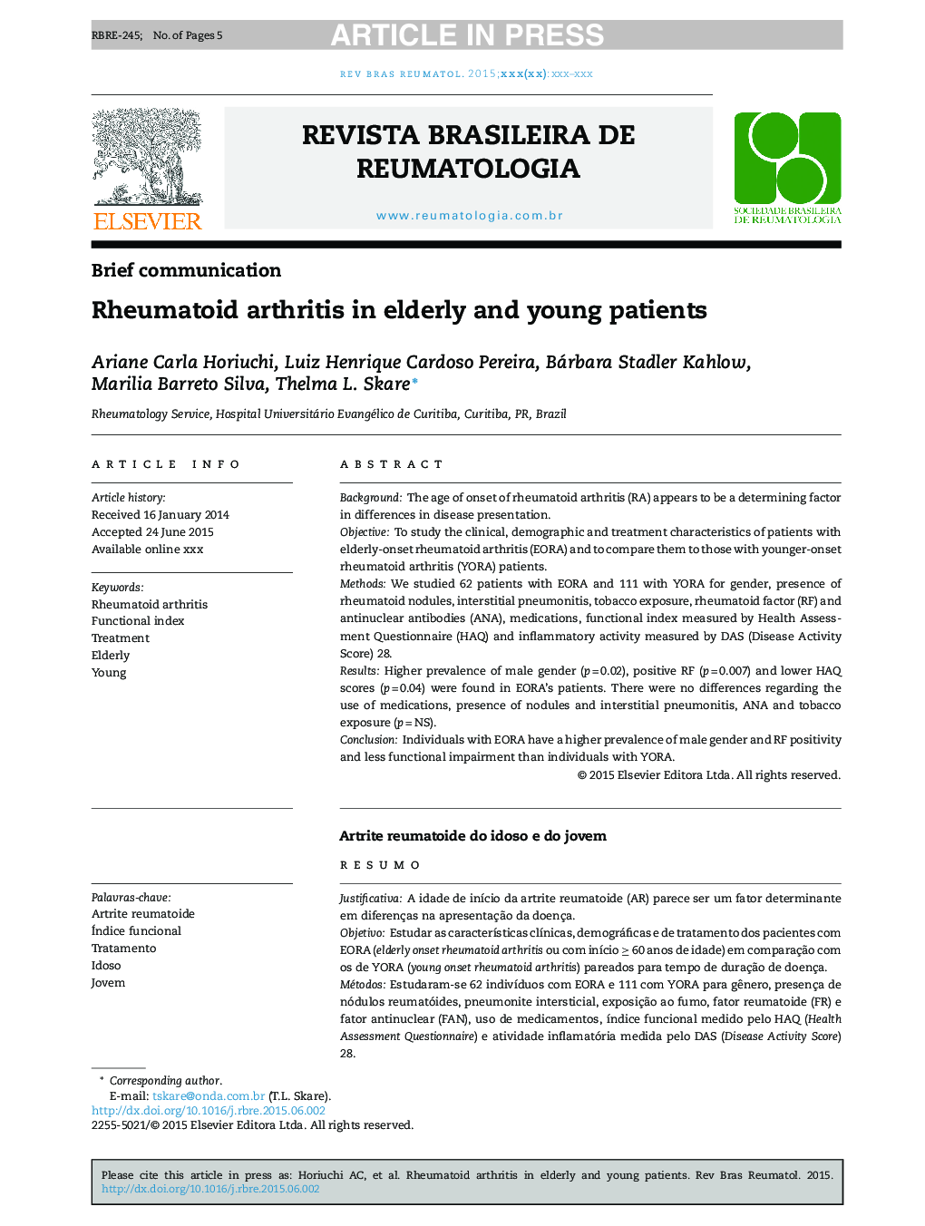 Rheumatoid arthritis in elderly and young patients