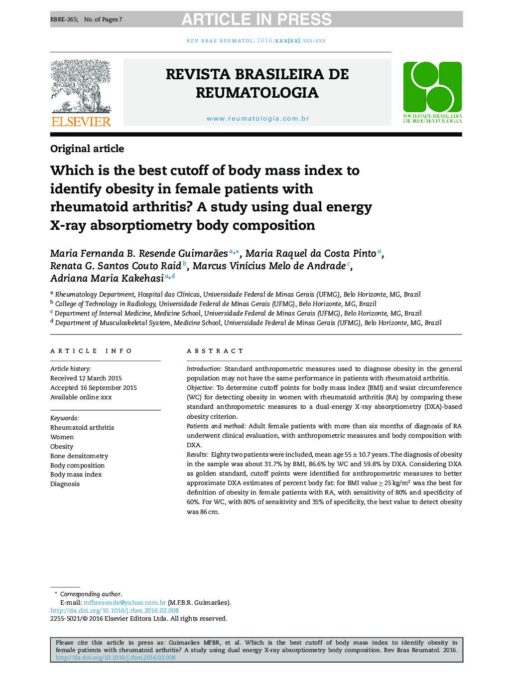 Which is the best cutoff of body mass index to identify obesity in female patients with rheumatoid arthritis? A study using dual energy X-ray absorptiometry body composition