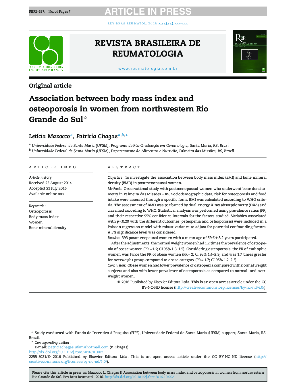 Association between body mass index and osteoporosis in women from northwestern Rio Grande do Sul