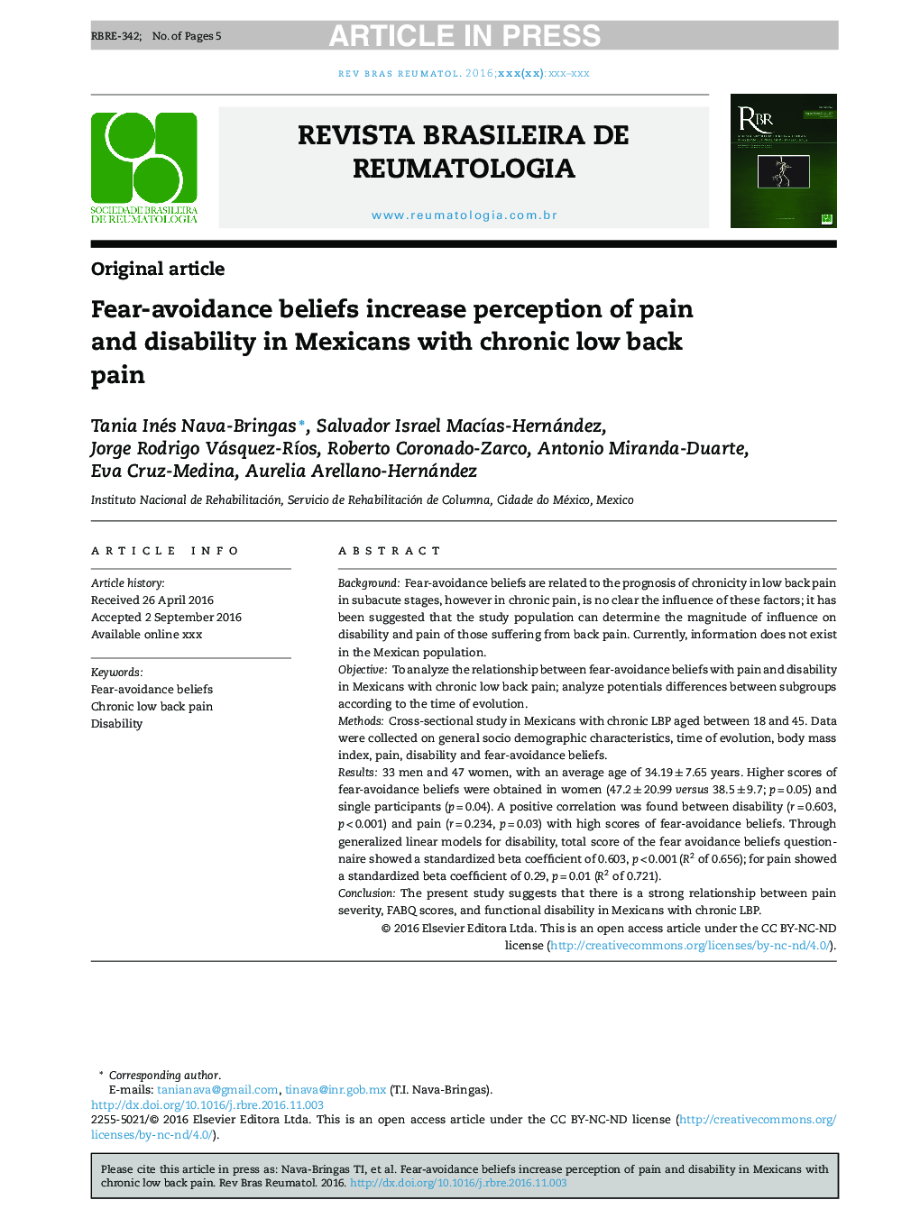 Fear-avoidance beliefs increase perception of pain and disability in Mexicans with chronic low back pain