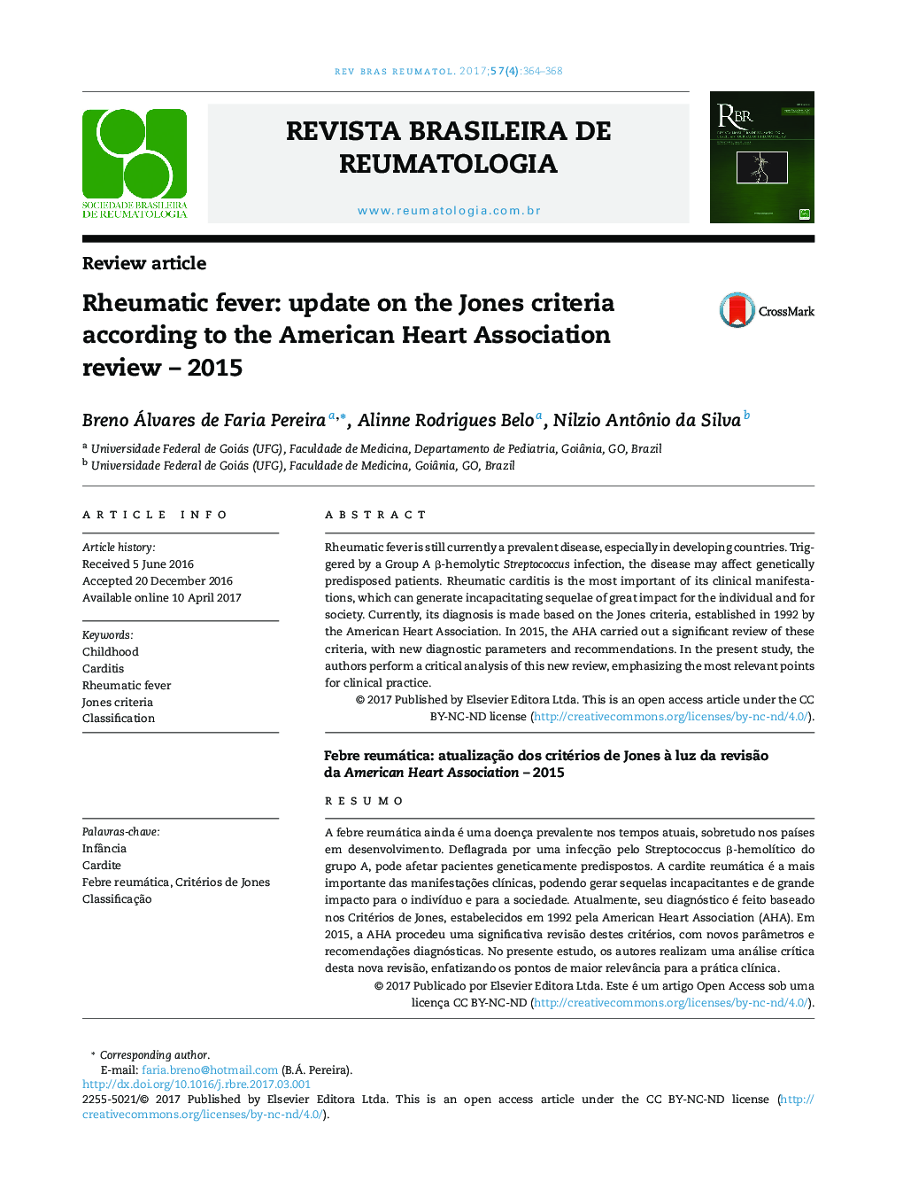 Rheumatic fever: update on the Jones criteria according to the American Heart Association review - 2015