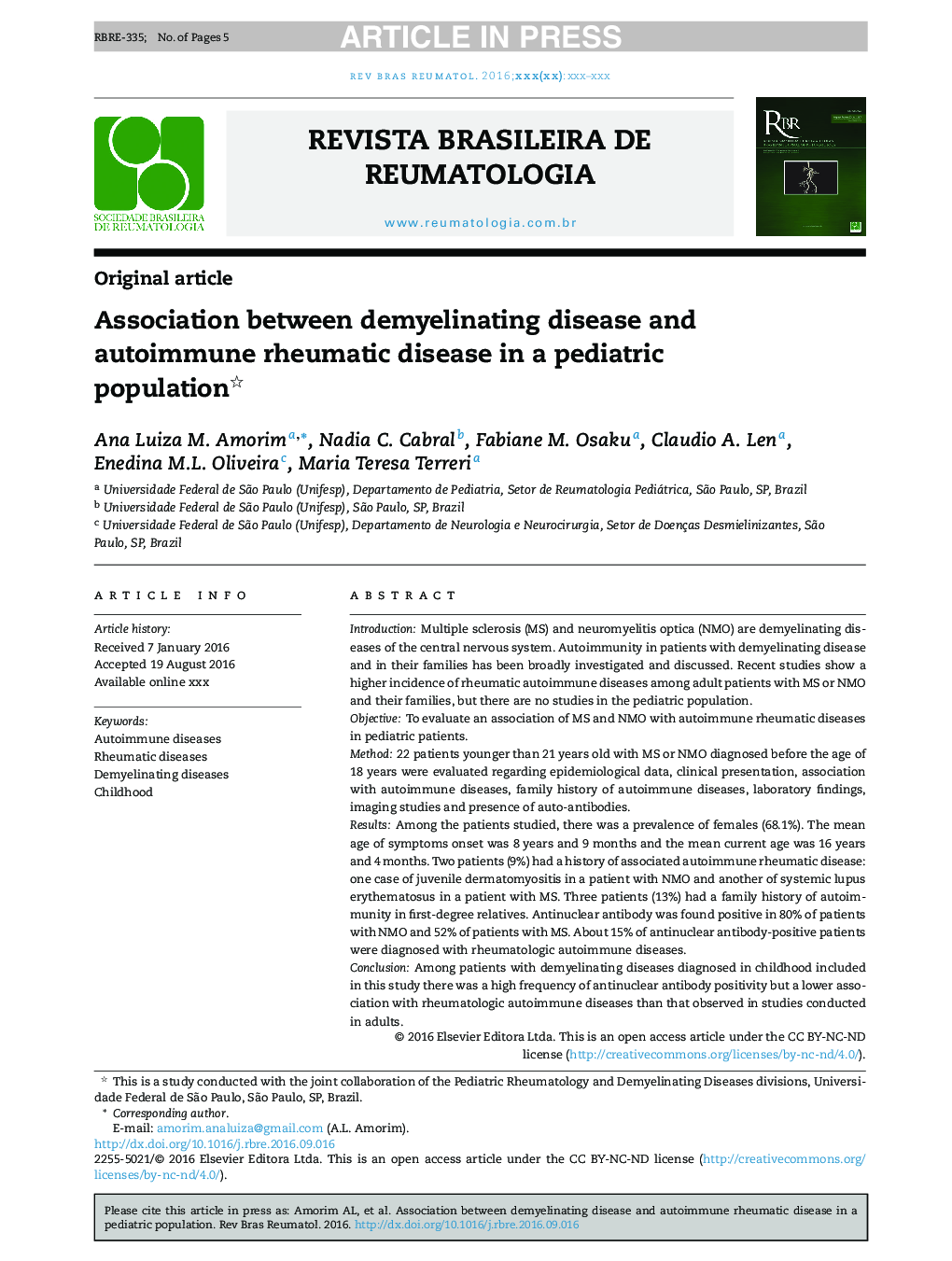 Association between demyelinating disease and autoimmune rheumatic disease in a pediatric population