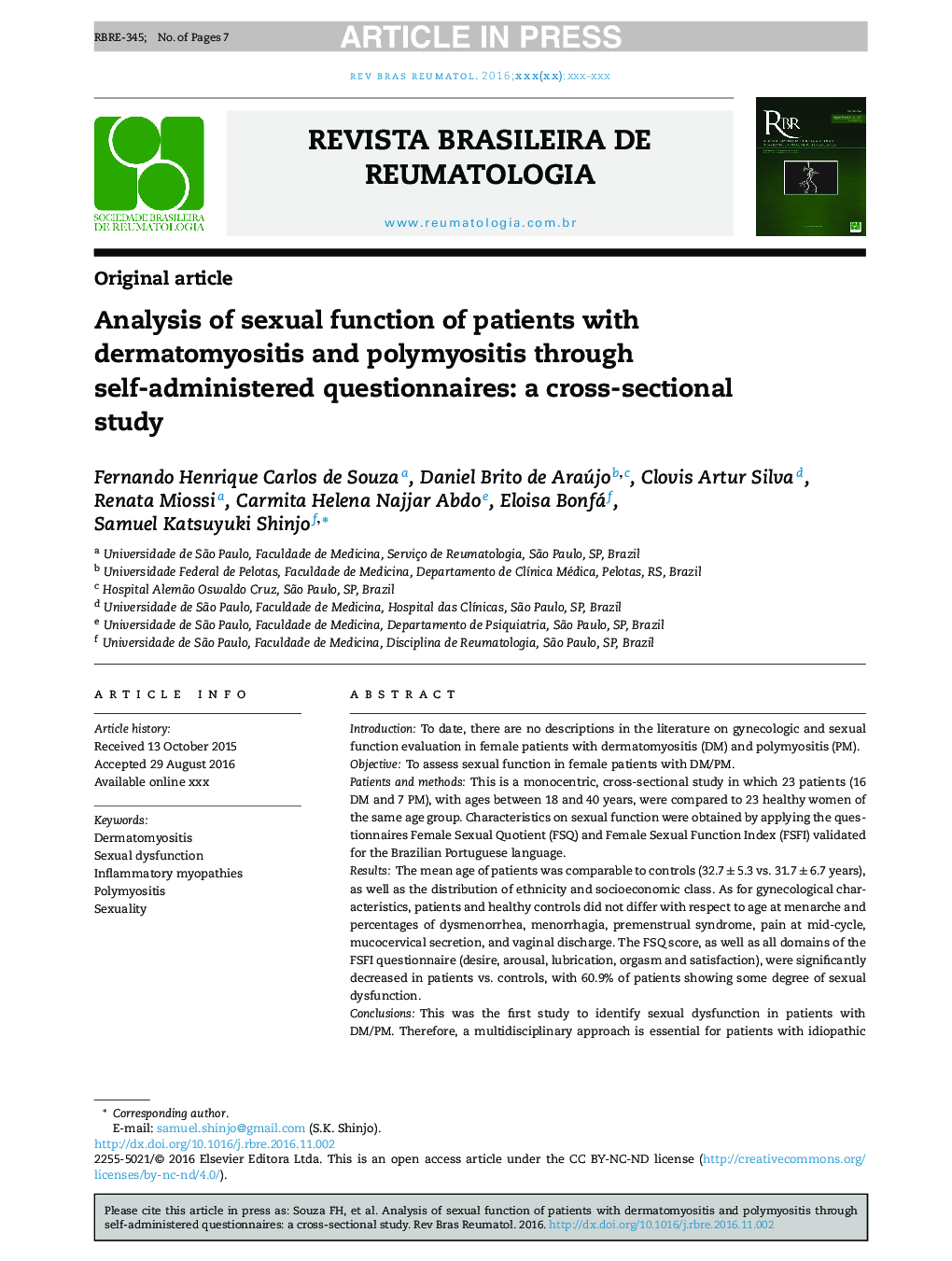 تحلیل عملکرد جنسی بیماران مبتلا به درماتومیوزیت و پلیمیوزیت با استفاده از پرسشنامه های خودمراقبتی: یک مطالعه مقطعی 