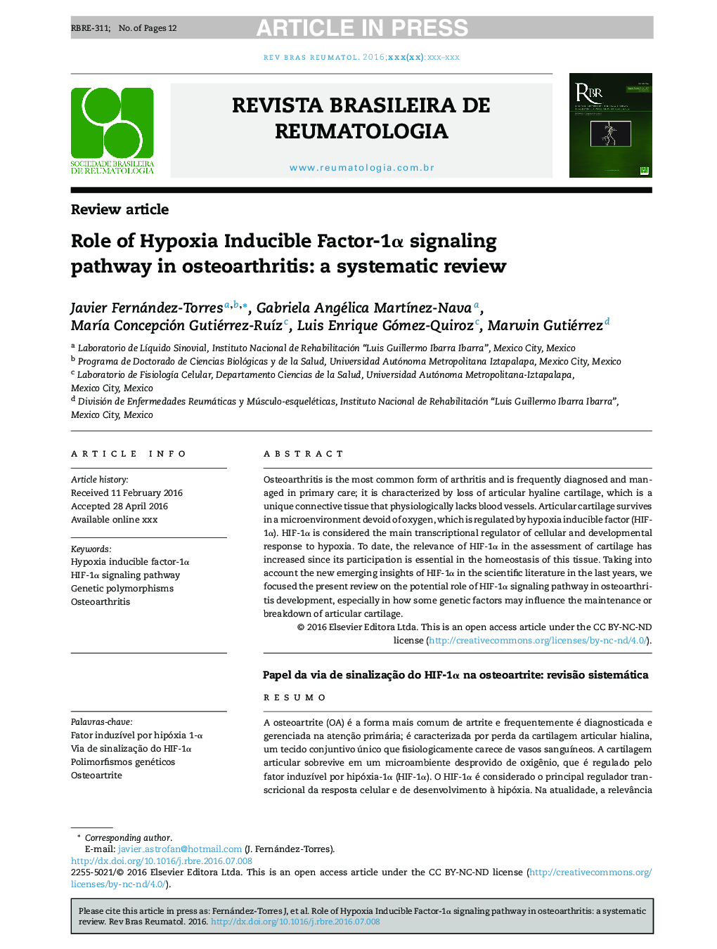 Role of HIF-1Î± signaling pathway in osteoarthritis: a systematic review