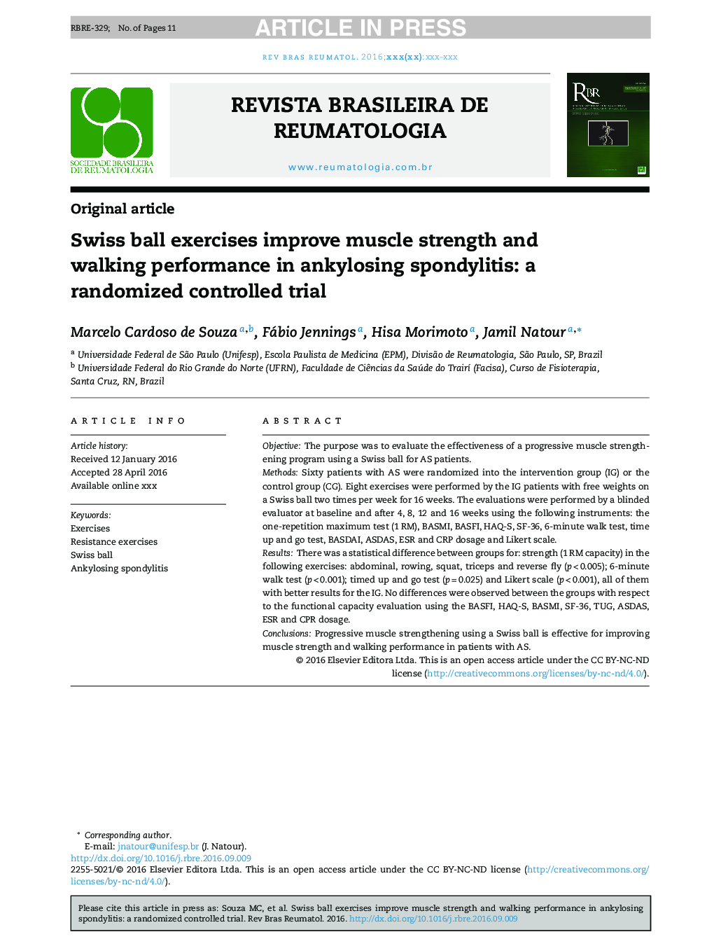 Swiss ball exercises improve muscle strength and walking performance in ankylosing spondylitis: a randomized controlled trial