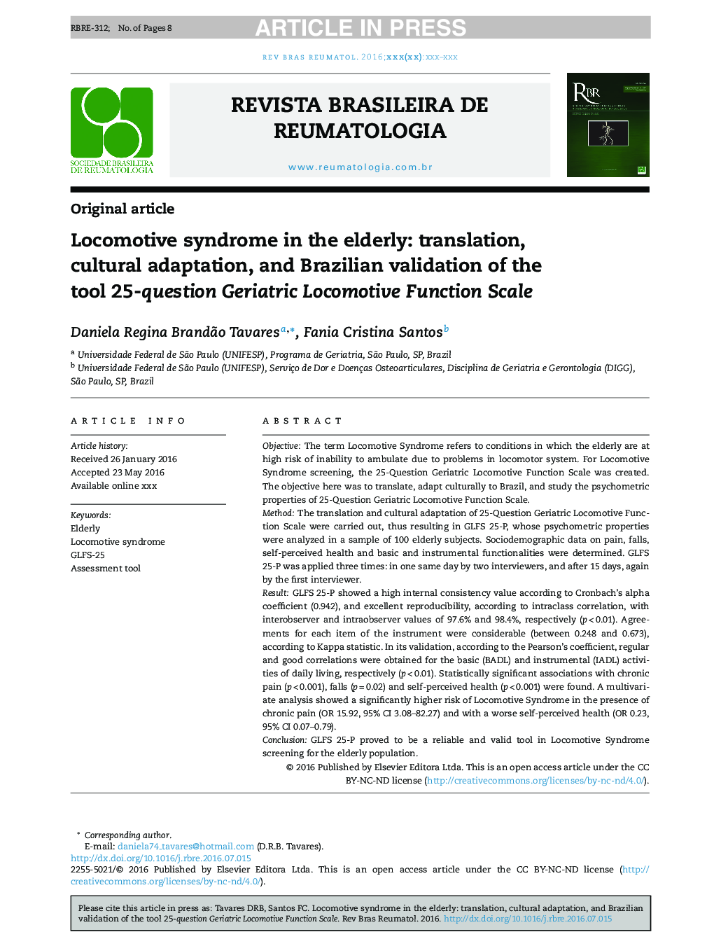 Locomotive syndrome in the elderly: translation, cultural adaptation, and Brazilian validation of the tool 25-Question Geriatric Locomotive Function Scale