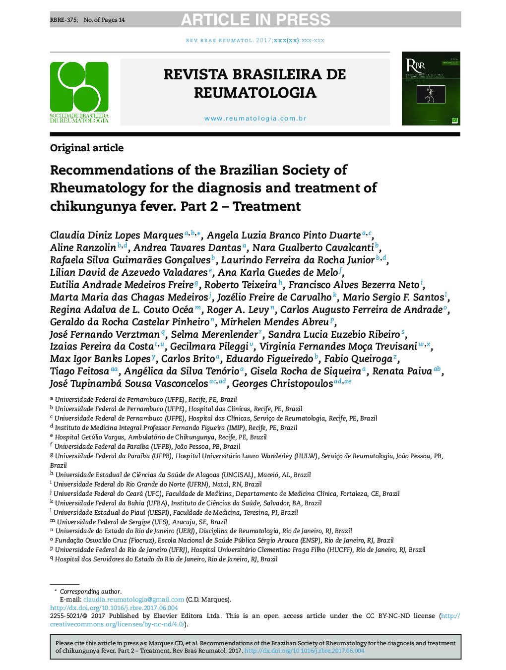 Recommendations of the Brazilian Society of Rheumatology for the diagnosis and treatment of chikungunya fever. Part 2 - Treatment