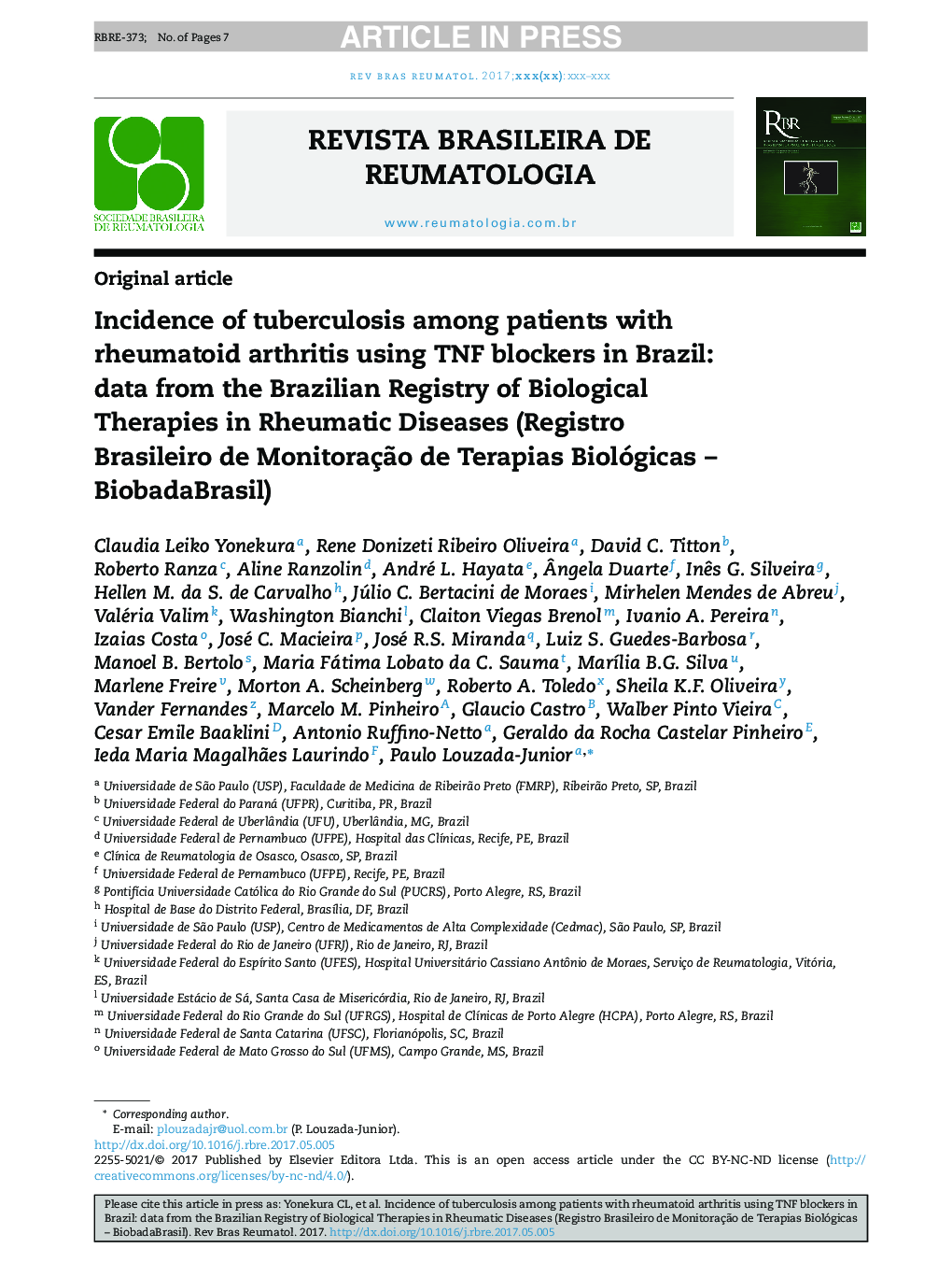 Incidence of tuberculosis among patients with rheumatoid arthritis using TNF blockers in Brazil: data from the Brazilian Registry of Biological Therapies in Rheumatic Diseases (Registro Brasileiro de MonitoraçÃ£o de Terapias Biológicas - BiobadaBrasil)