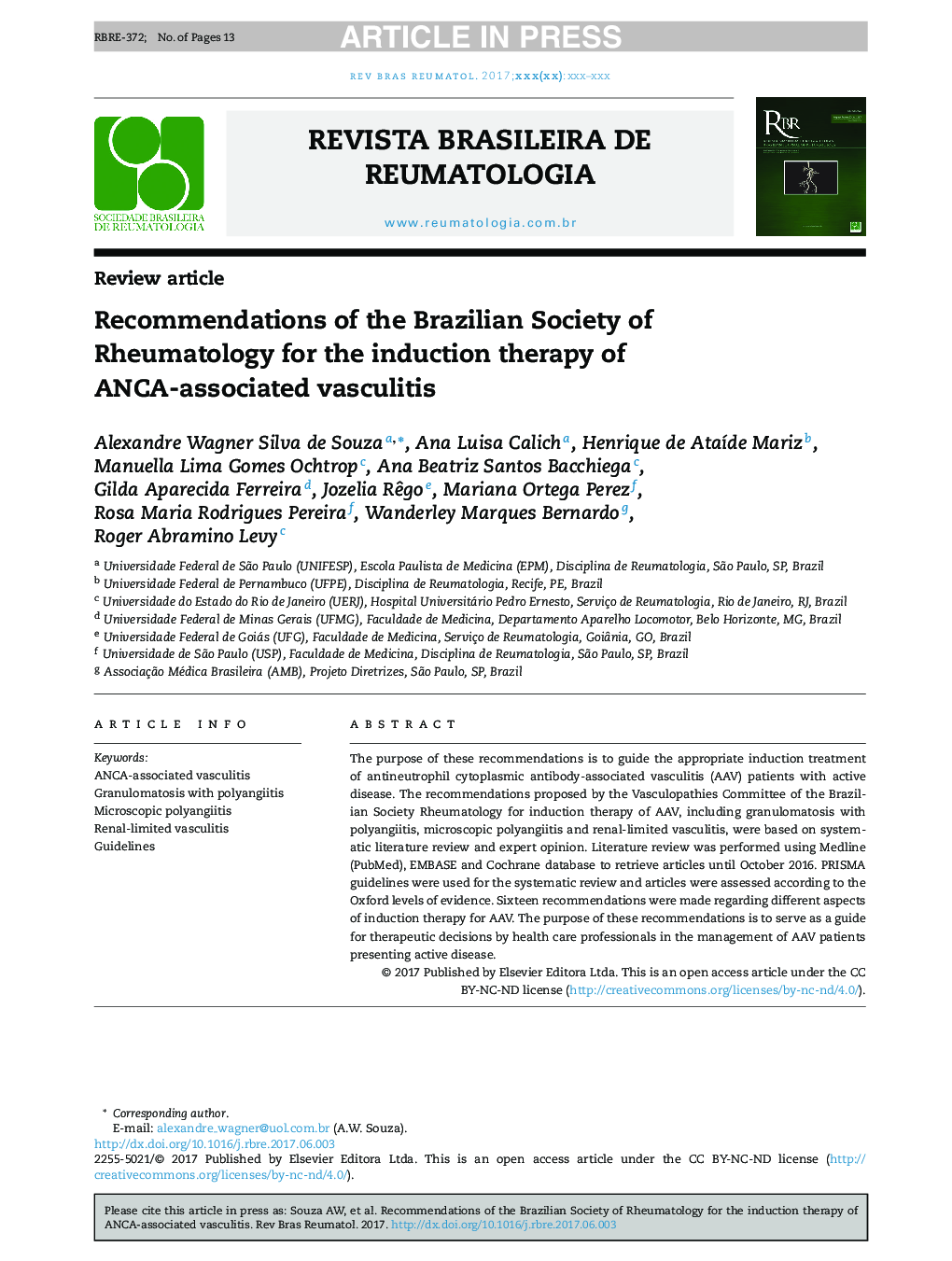 Recommendations of the Brazilian Society of Rheumatology for the induction therapy of ANCA-associated vasculitis