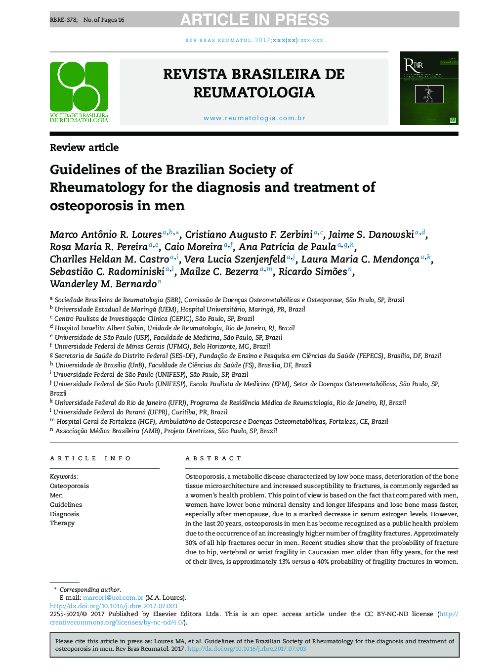 Guidelines of the Brazilian Society of Rheumatology for the diagnosis and treatment of osteoporosis in men