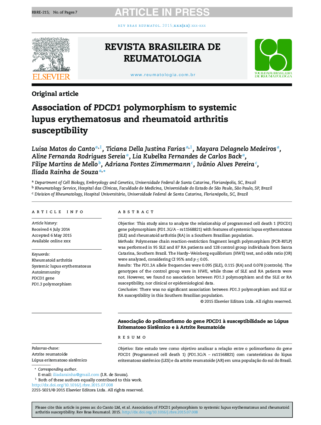 Association of PDCD1 polymorphism to systemic lupus erythematosus and rheumatoid arthritis susceptibility