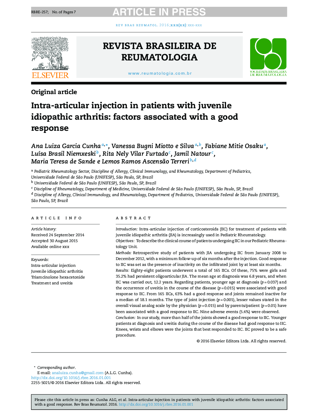 Intra-articular injection in patients with juvenile idiopathic arthritis: factors associated with a good response