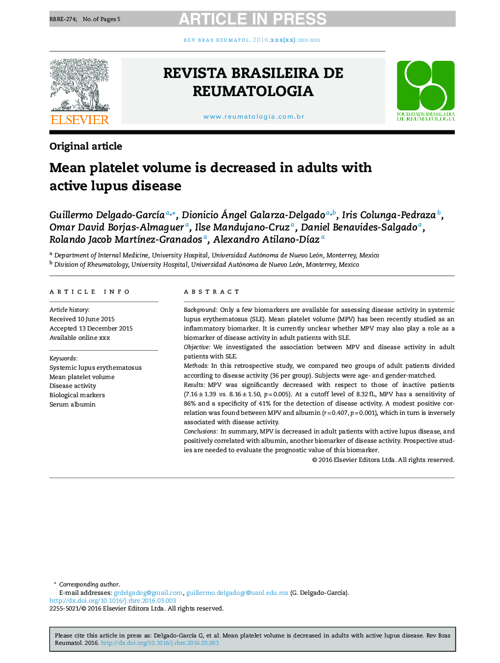 Mean platelet volume is decreased in adults with active lupus disease
