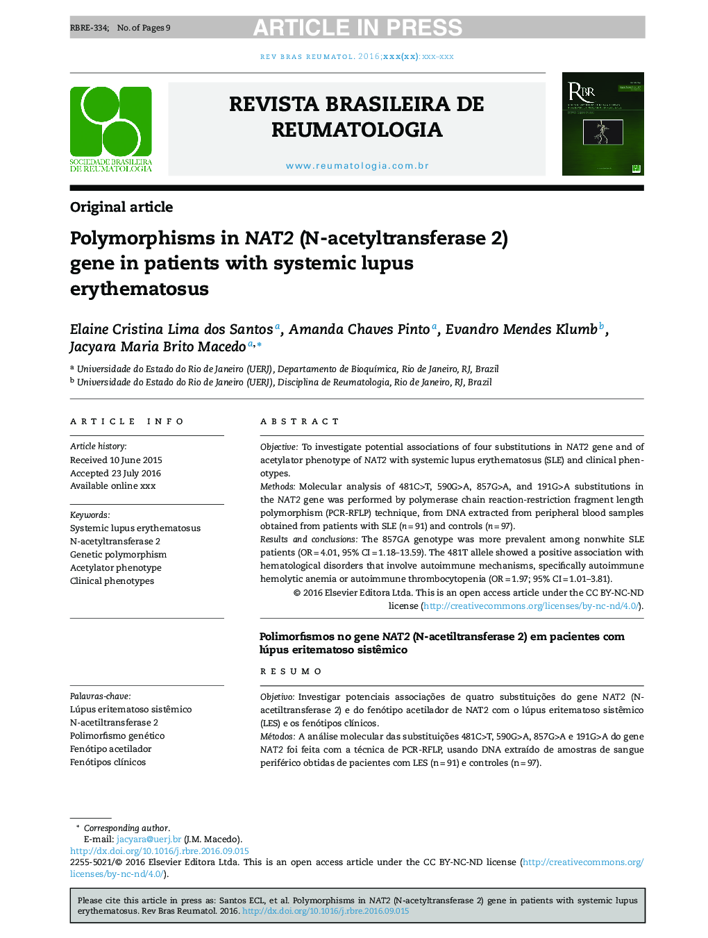 Polymorphisms in NAT2 (N-acetyltransferase 2) gene in patients with systemic lupus erythematosus