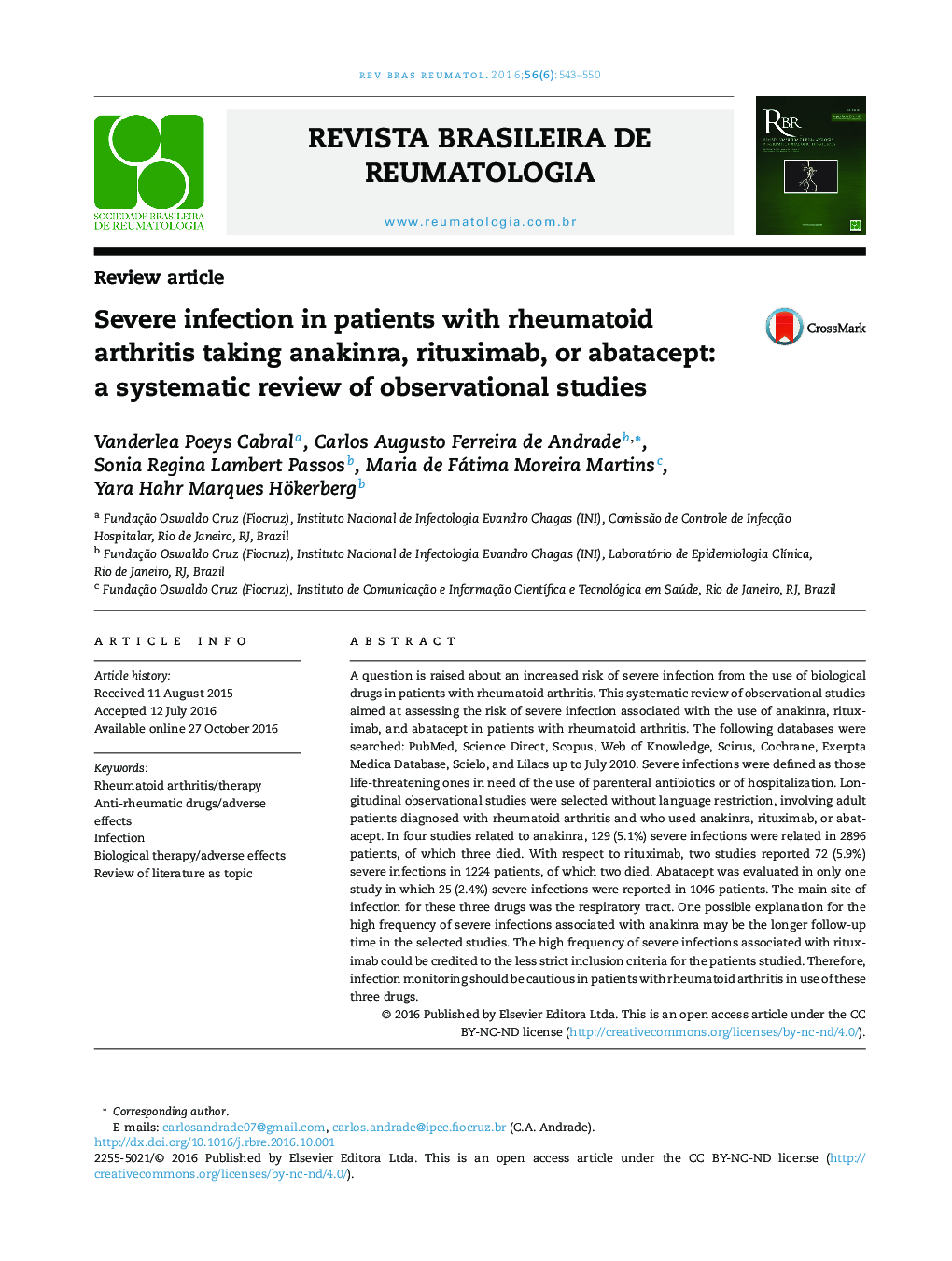 Severe infection in patients with rheumatoid arthritis taking anakinra, rituximab, or abatacept: a systematic review of observational studies