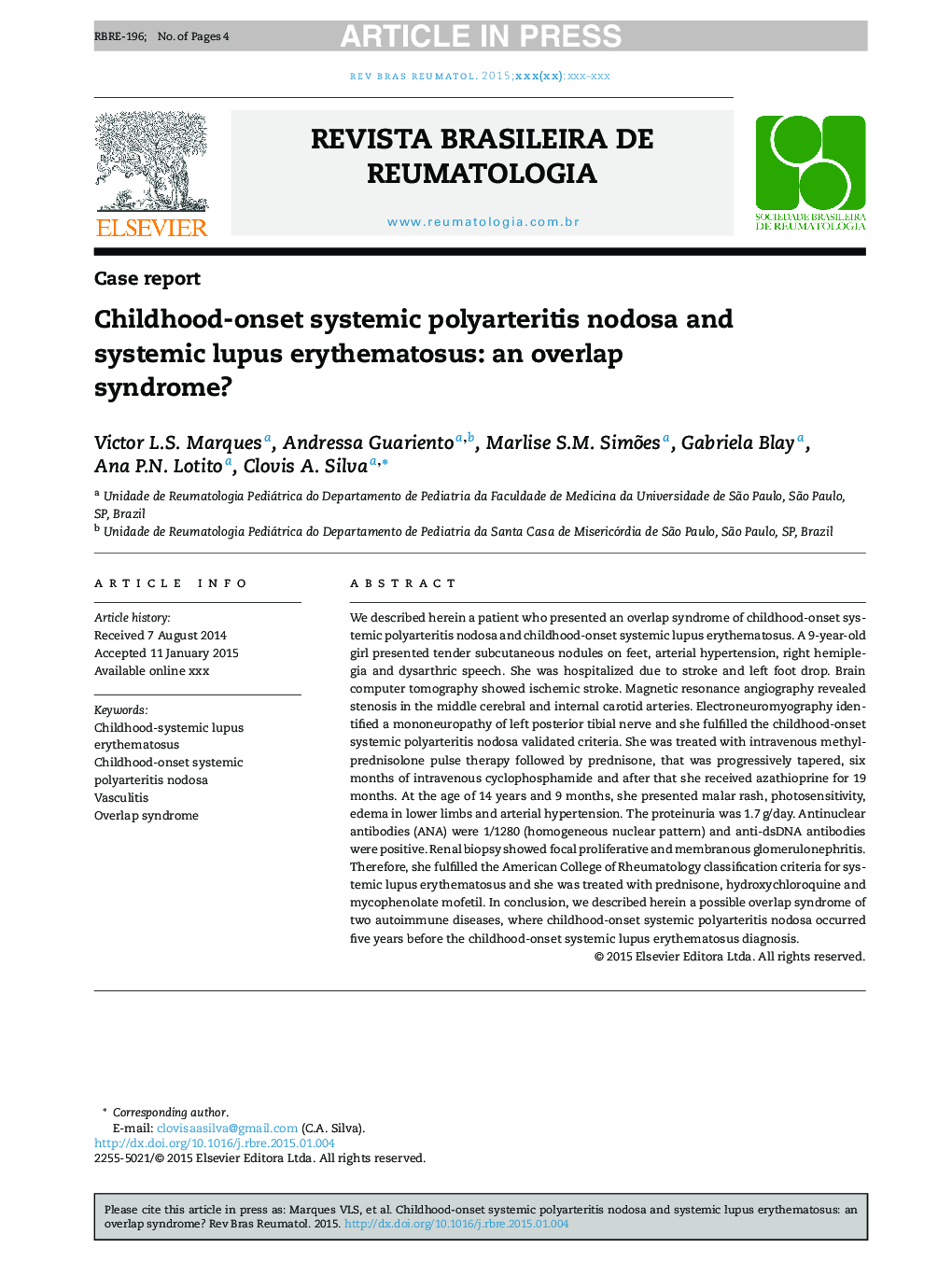 Childhood-onset systemic polyarteritis nodosa and systemic lupus erythematosus: an overlap syndrome?