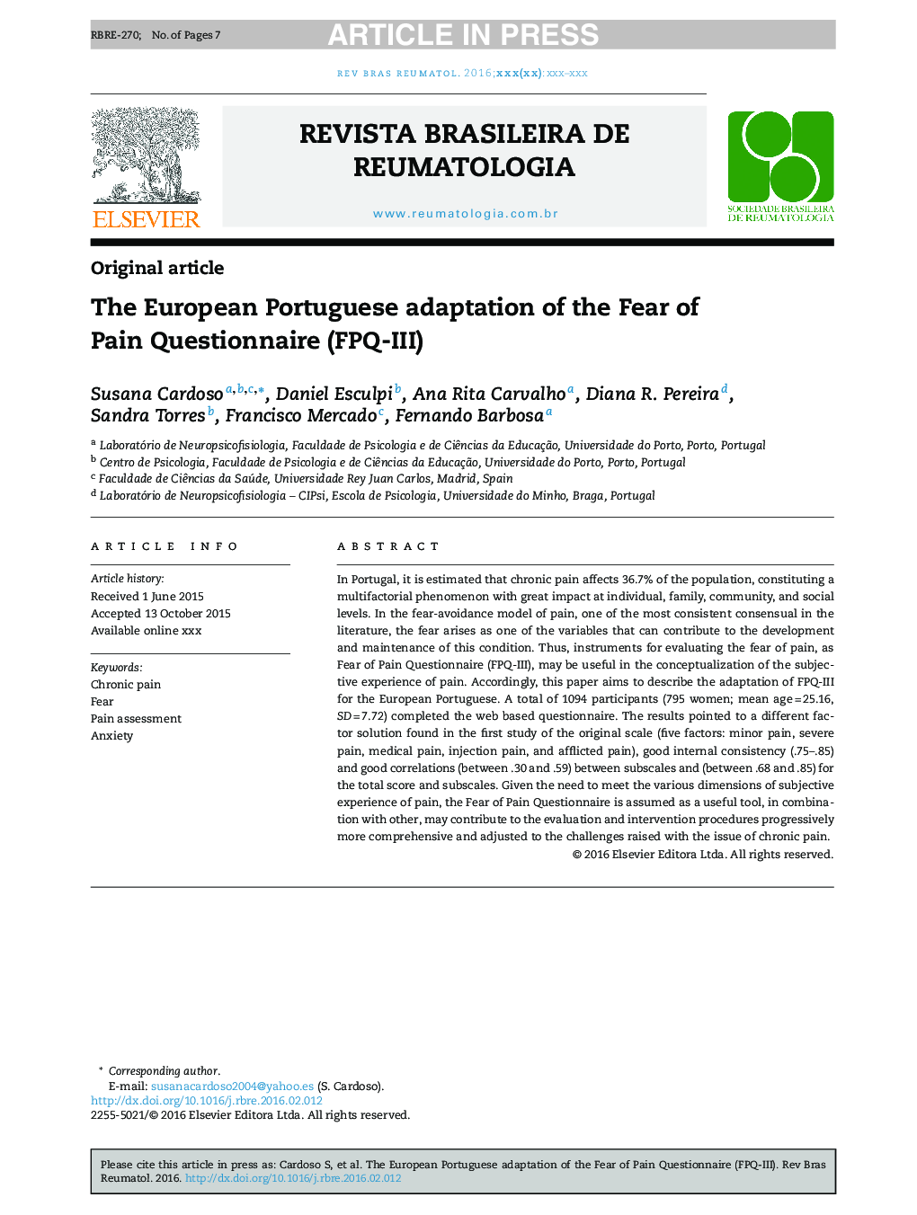 The European Portuguese adaptation of the Fear of Pain Questionnaire