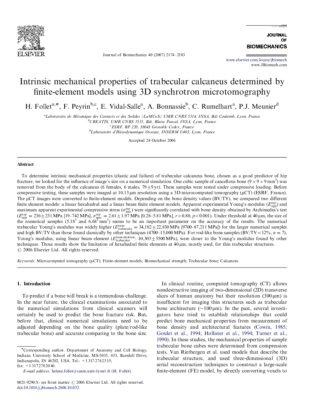 Intrinsic mechanical properties of trabecular calcaneus determined by finite-element models using 3D synchrotron microtomography