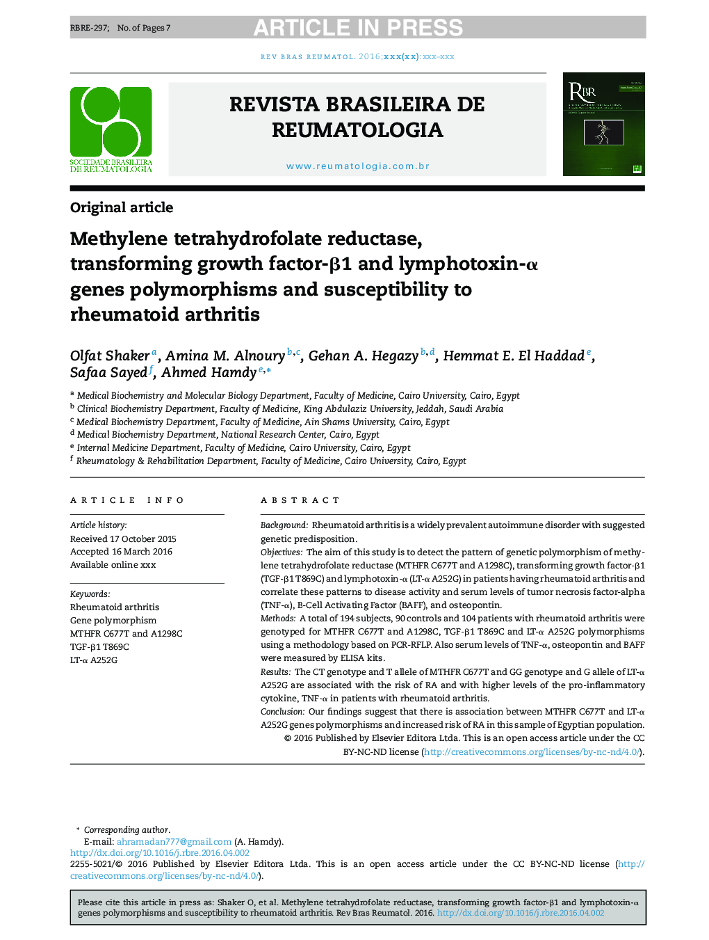 Methylene tetrahydrofolate reductase, transforming growth factor-Î²1 and lymphotoxin-Î± genes polymorphisms and susceptibility to rheumatoid arthritis