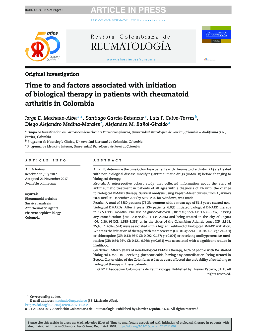 زمان و عوامل مرتبط با شروع درمان بیولوژیک در بیماران مبتلا به آرتریت روماتوئید در کلمبیا 