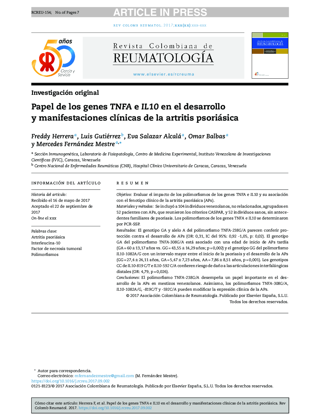 Papel de los genes TNFA e IL10 en el desarrollo y manifestaciones clÃ­nicas de la artritis psoriásica