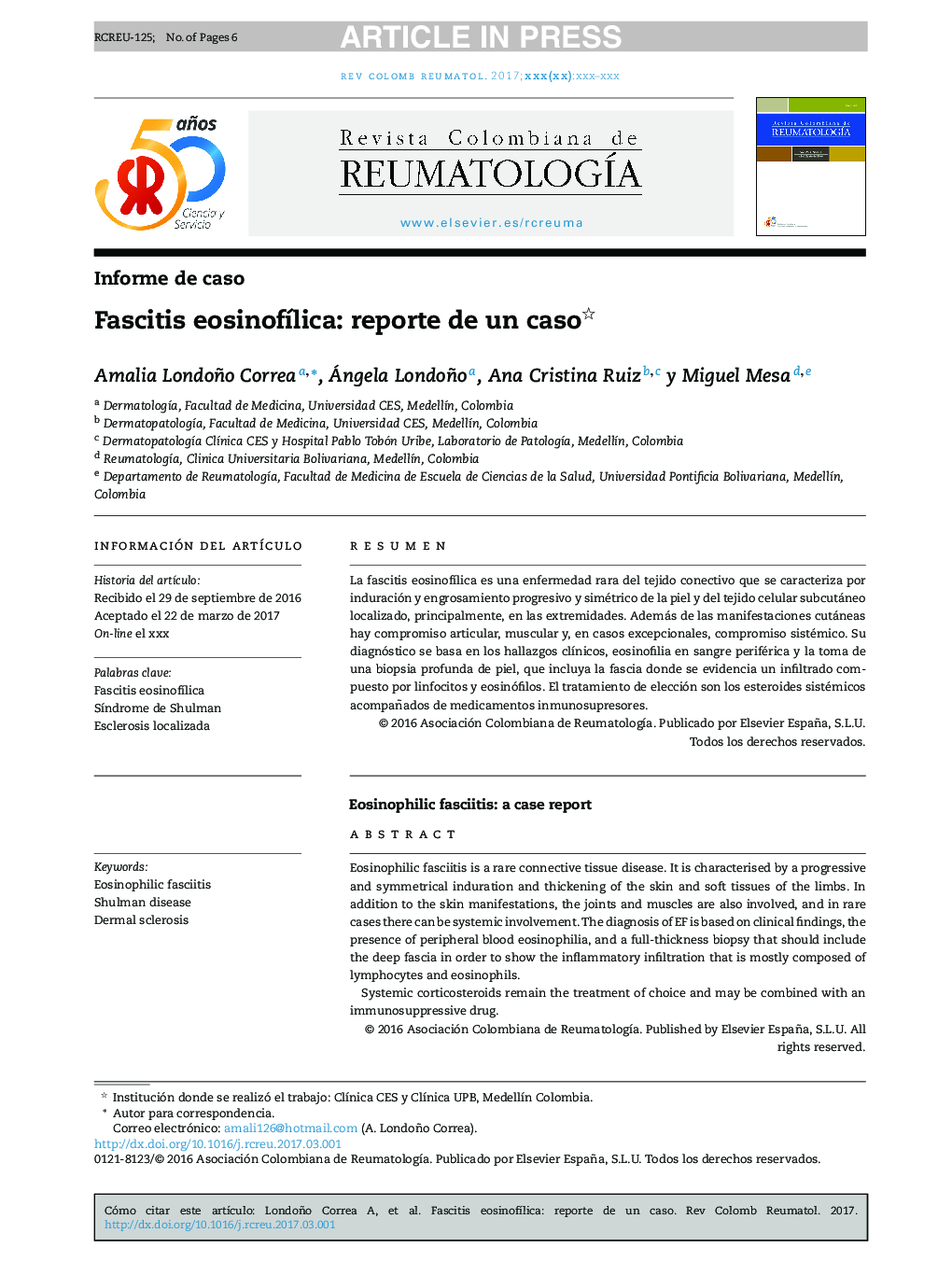 Fascitis eosinofÃ­lica: reporte de un caso