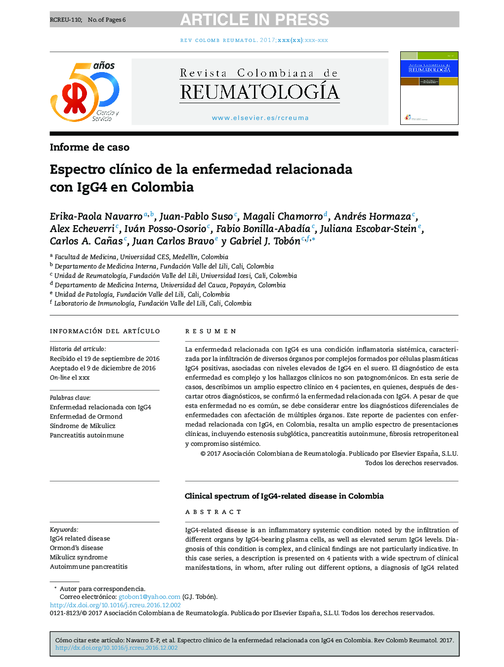 Espectro clÃ­nico de la enfermedad relacionada con IgG4 en Colombia