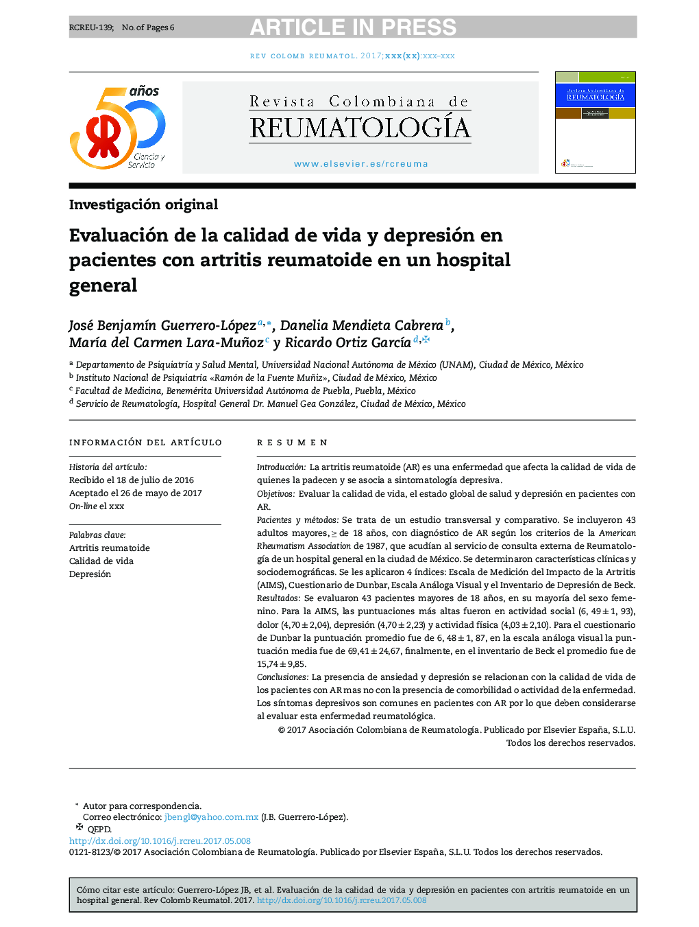 Evaluación de la calidad de vida y depresión en pacientes con artritis reumatoide en un hospital general