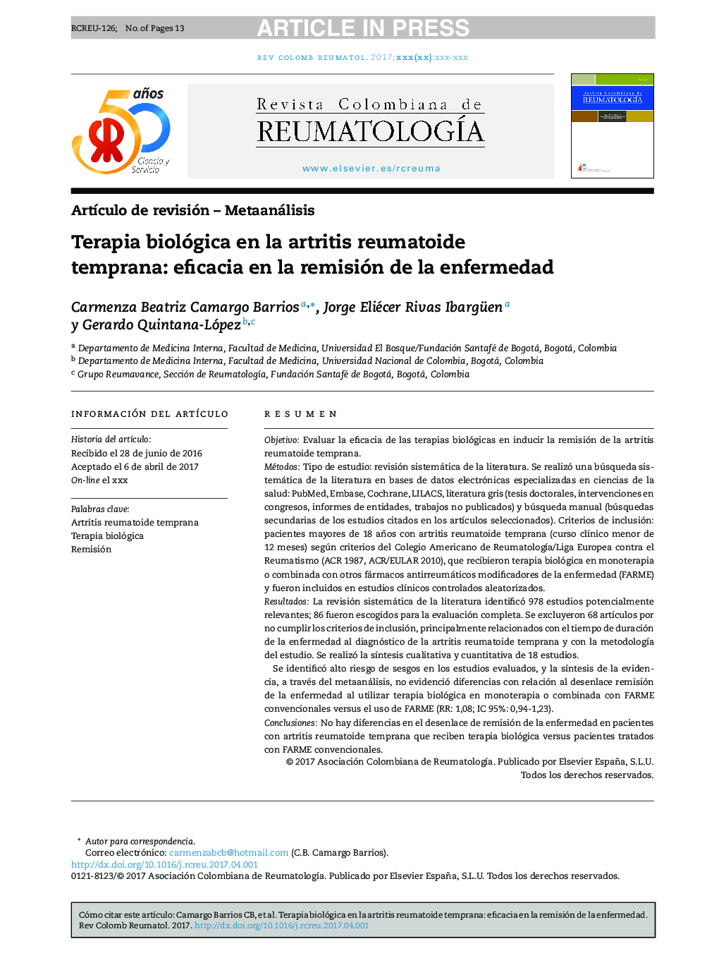Terapia biológica en la artritis reumatoide temprana: eficacia en la remisión de la enfermedad