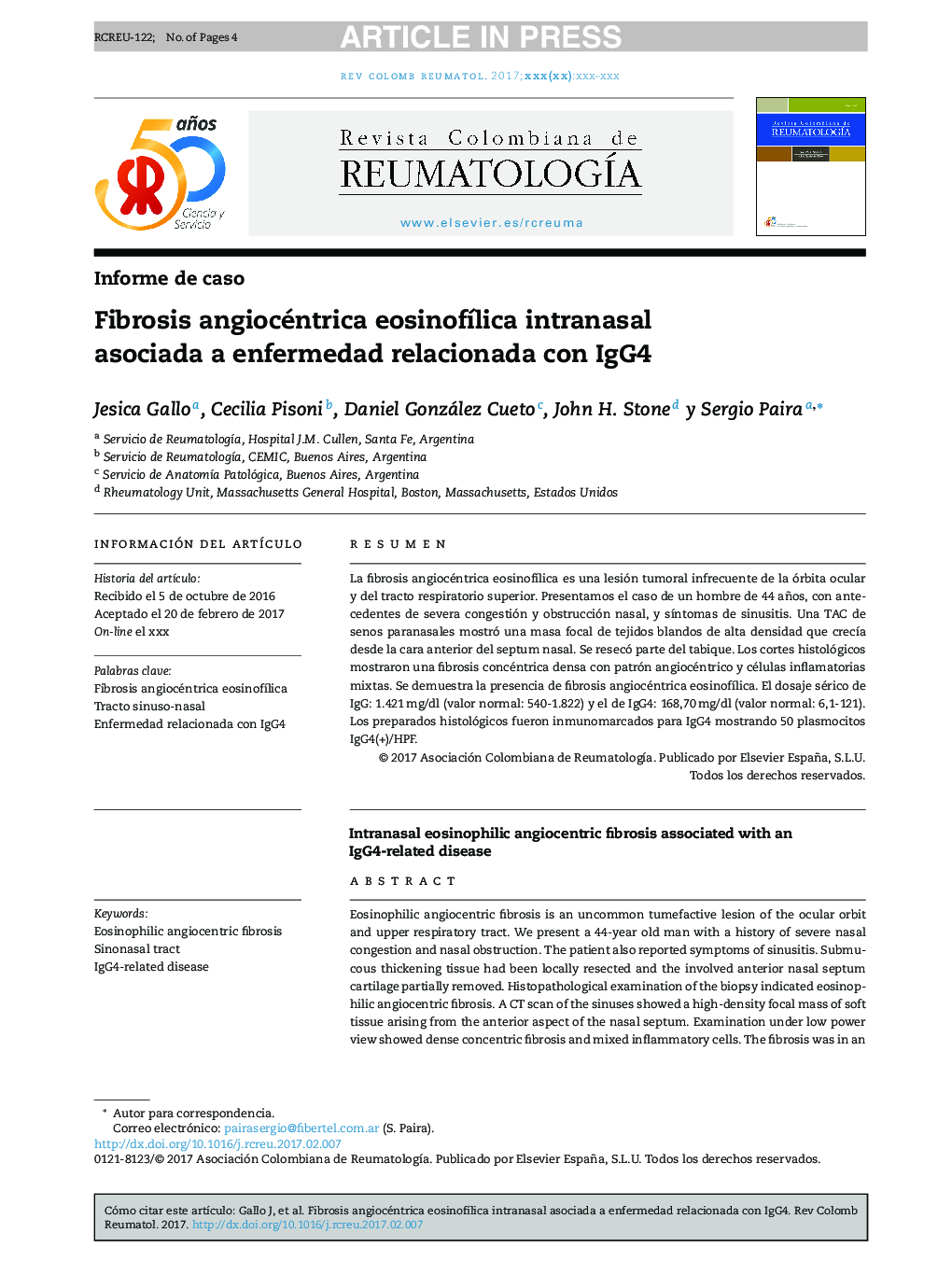Fibrosis angiocéntrica eosinofÃ­lica intranasal asociada a enfermedad relacionada con IgG4