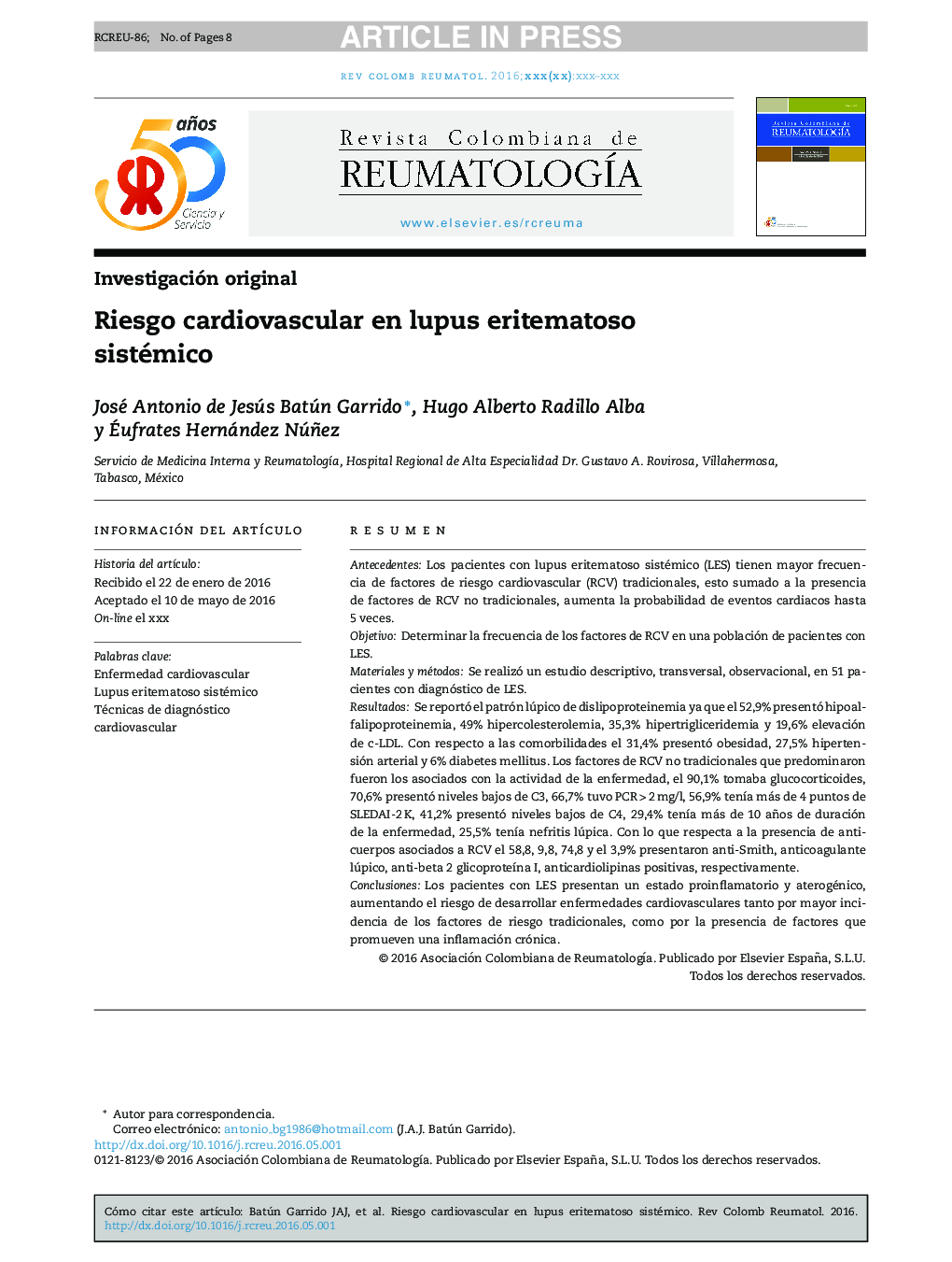 Riesgo cardiovascular en lupus eritematoso sistémico