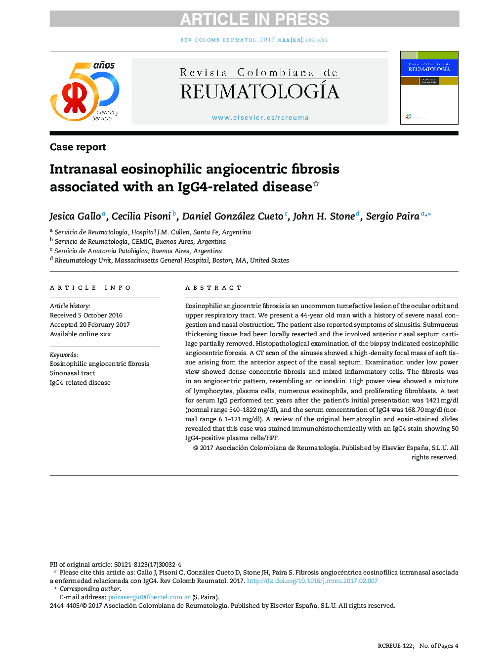 Intranasal eosinophilic angiocentric fibrosis associated with an IgG4-related disease